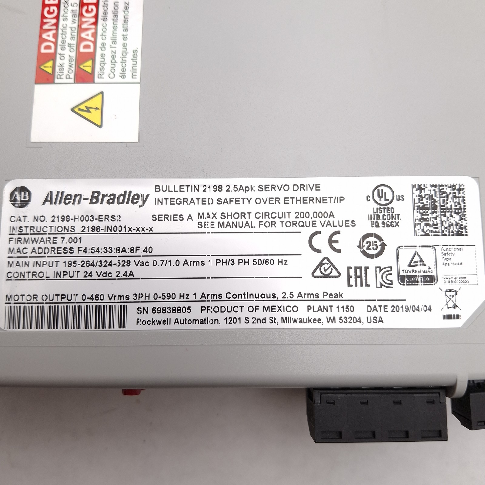 Allen Bradley 2198-H003-ERS2 Kinetix 5500S2 Servo Drive, 0.6kW, 3Ø 0-460VAC 1A