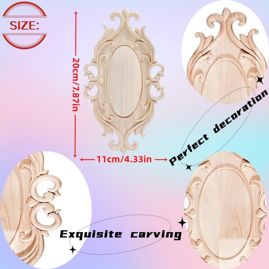 1 PC Hand Wooden Carved Appliques Onlays Oval 20x11cm 7.87×4.33 Inch #04