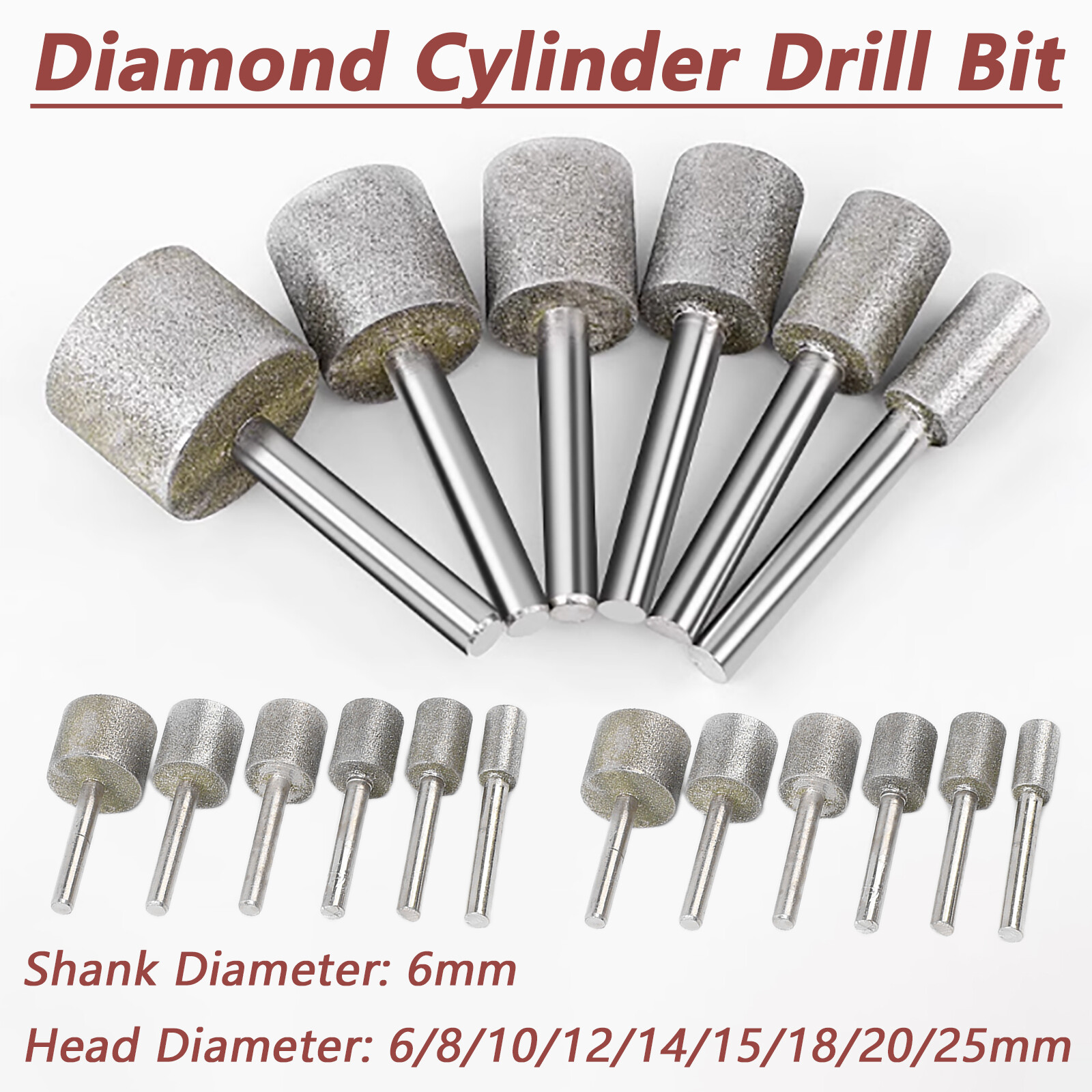 6mm-25mm Diamond Burr Grinding Head Bit 6mm Shank For Dremel Rotary Cylinder