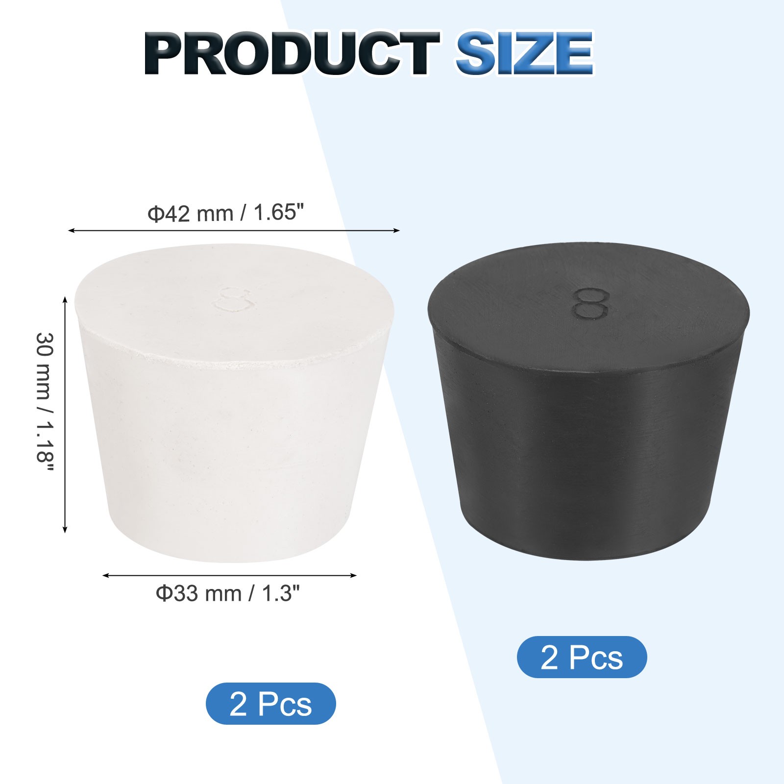 4 Pcs Solid Rubber Stopper Size 8#-42mm x 33mm – 30mm Long, Black/White