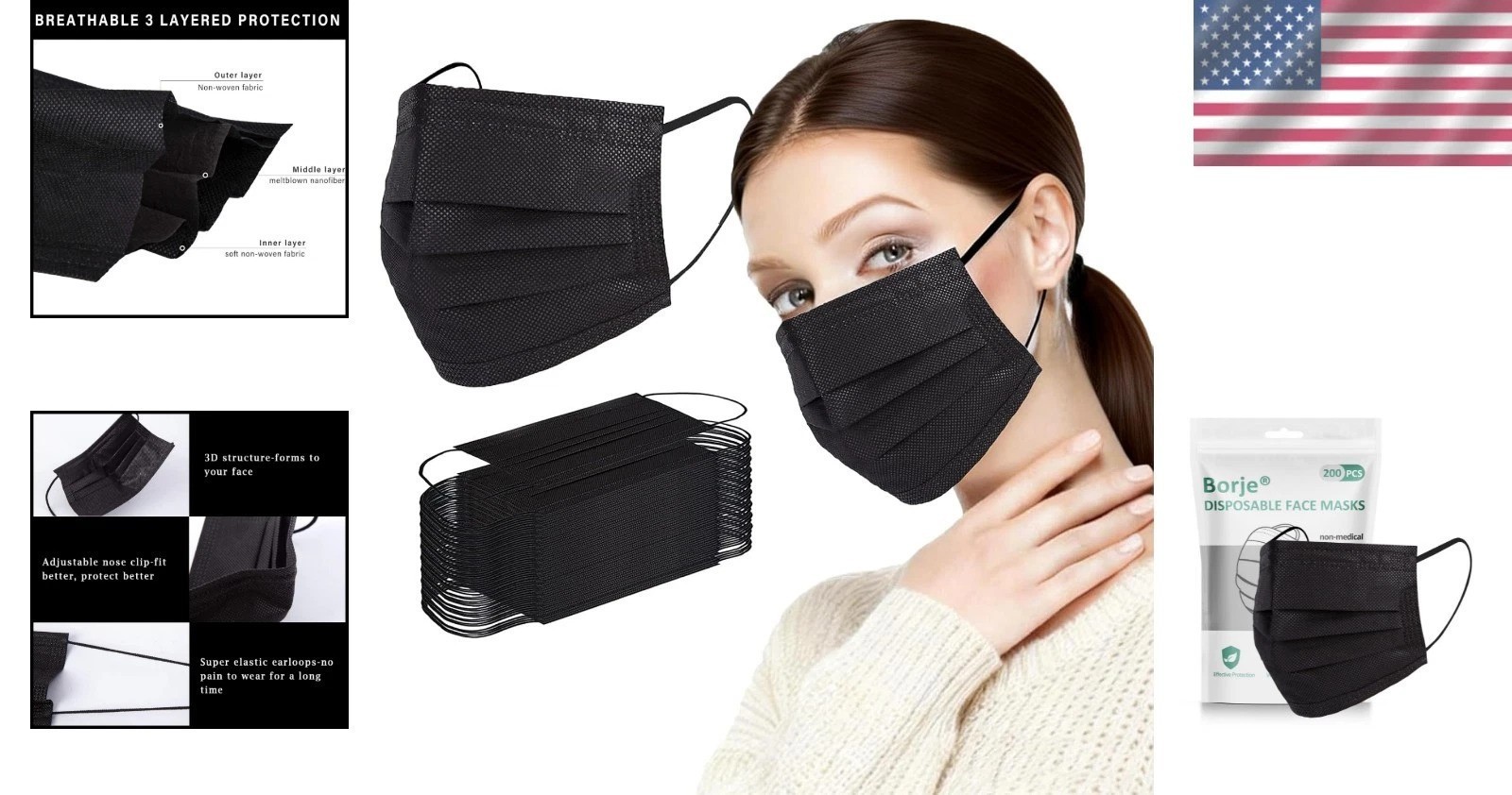 200 PCS Disposable Face Masks – 3-Ply Breathable Protection for Adults & Teens