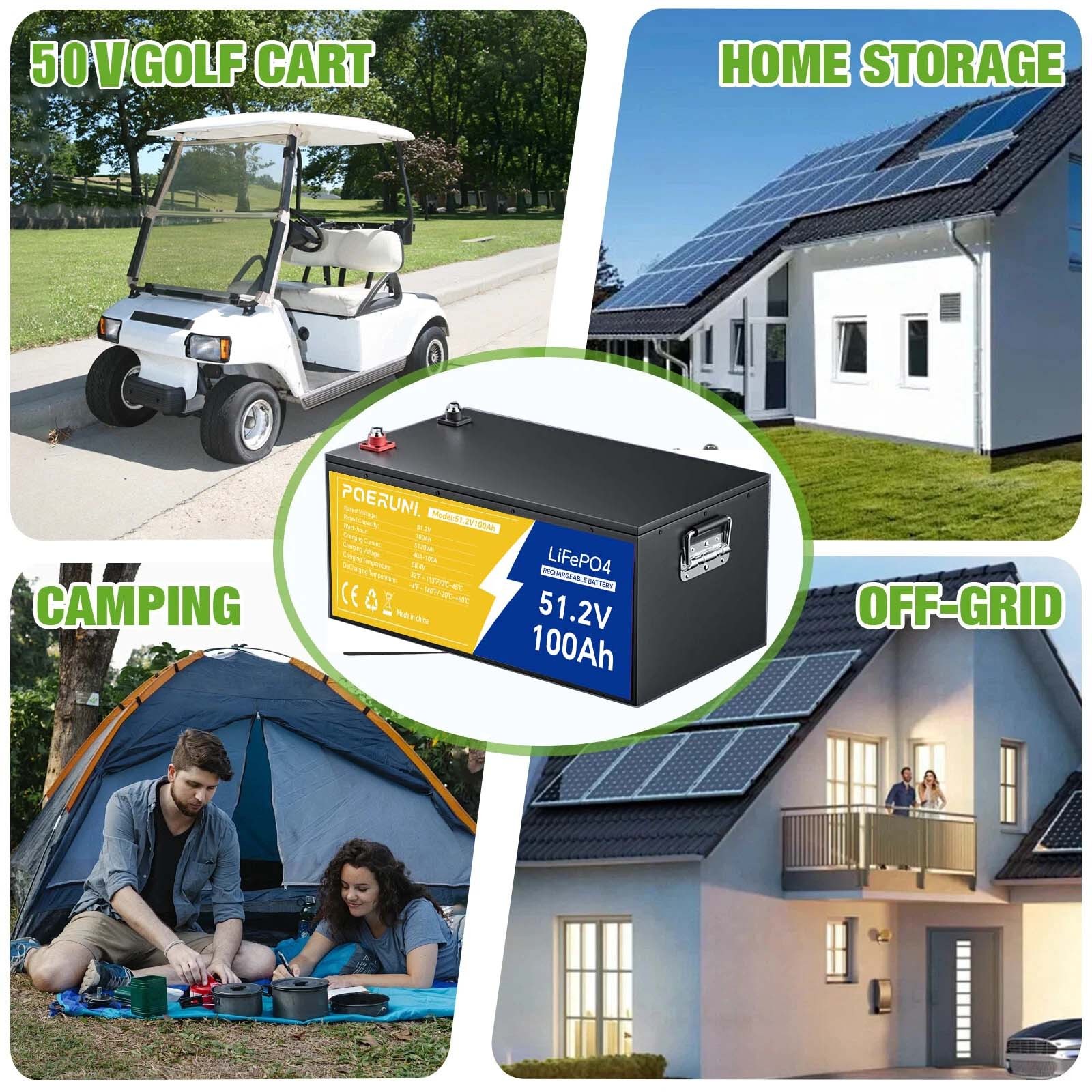 POERUNI 48V 100AH LiFePO4 Lithium Battery with 20A Charger Metal Case Golf Cart