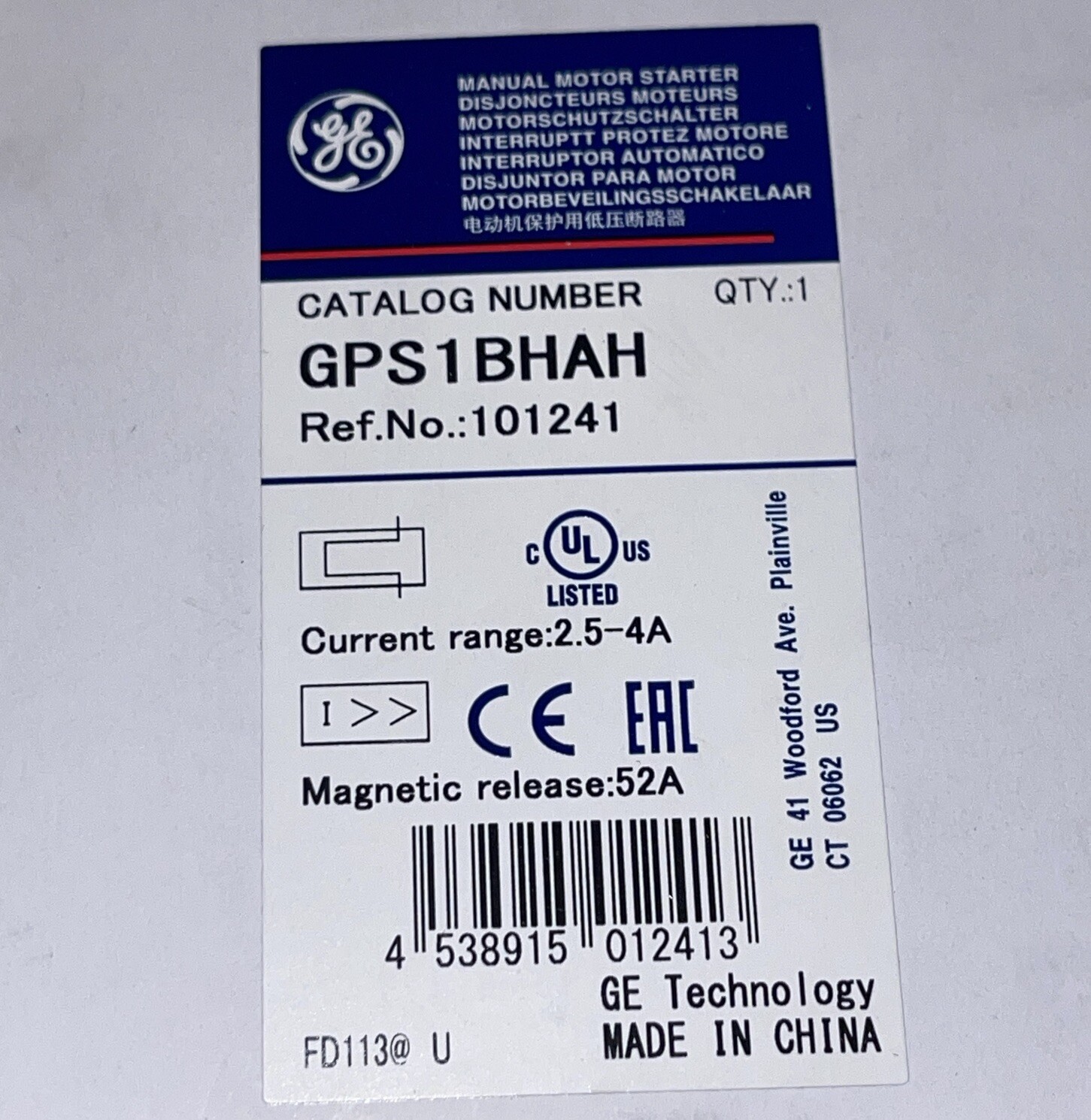 NEW GE GPS1BHAH Manual Motor Starter (Current Range 2.5-4A)