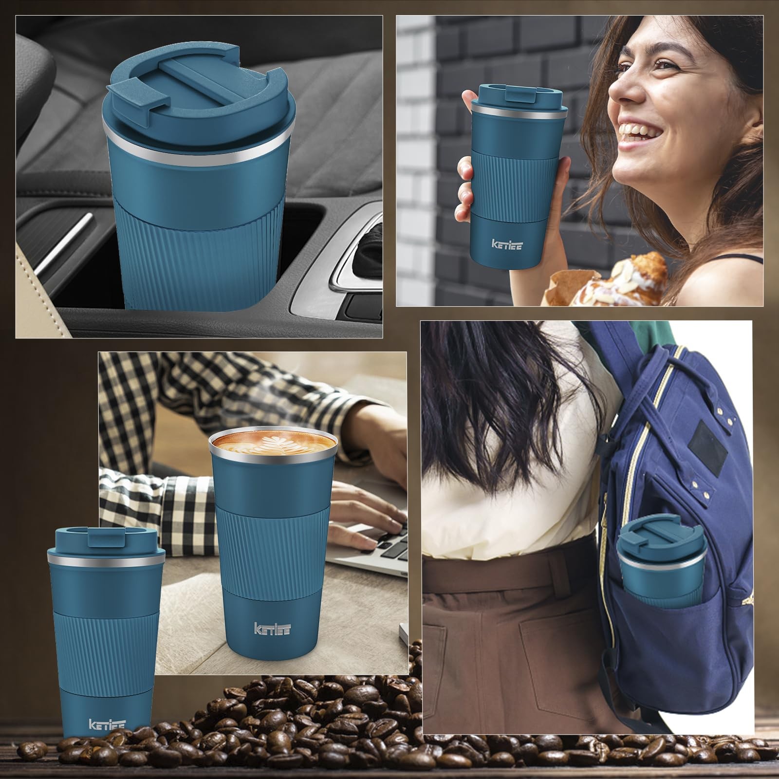KETIEE Travel Coffee Mug 12oz: Insulated Cup 12.8 Ounces, G1-Blue-A