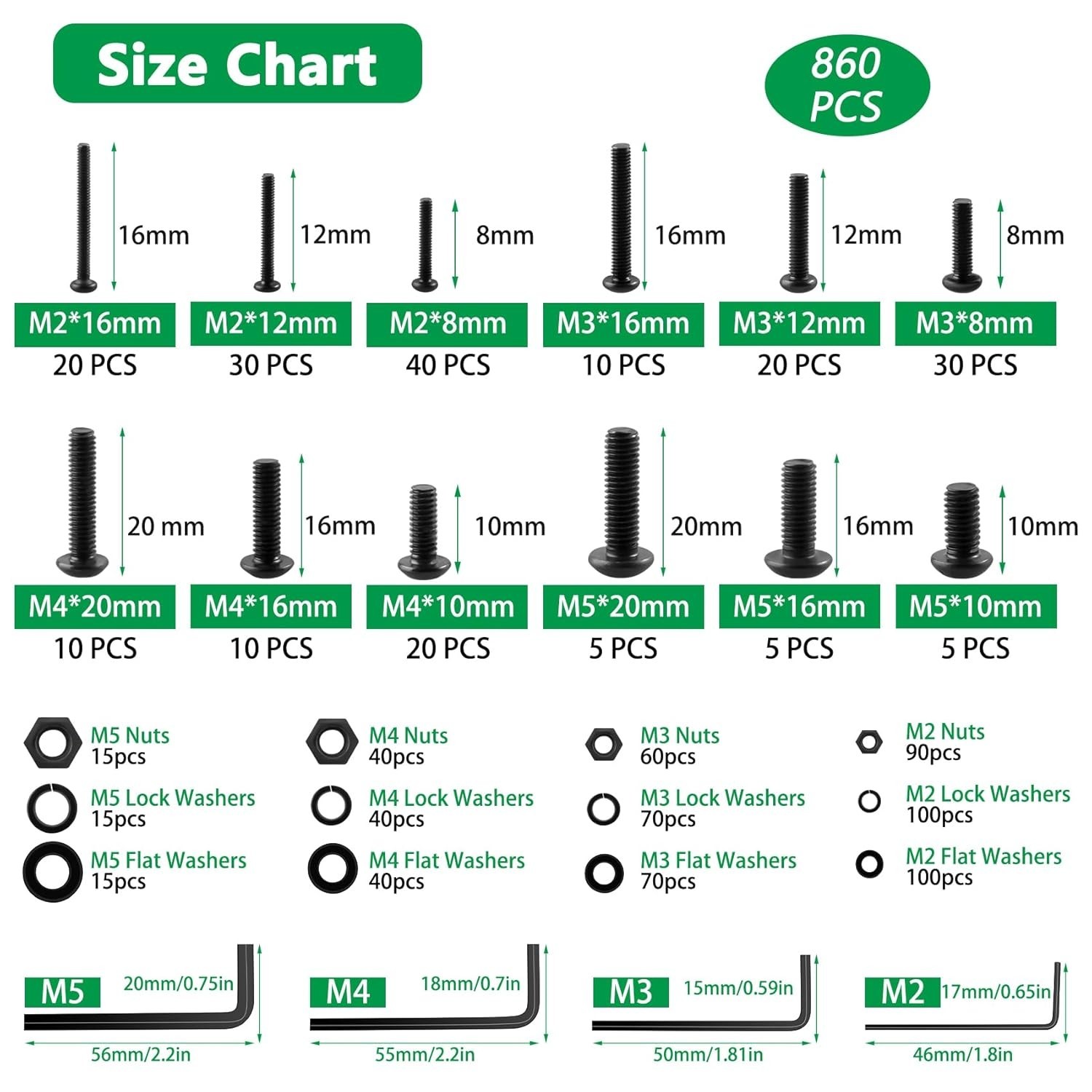 860PCS Metric Screw Assortment Kit, M2 M3 M4 M5 Machine Screws with Lock & Fl…