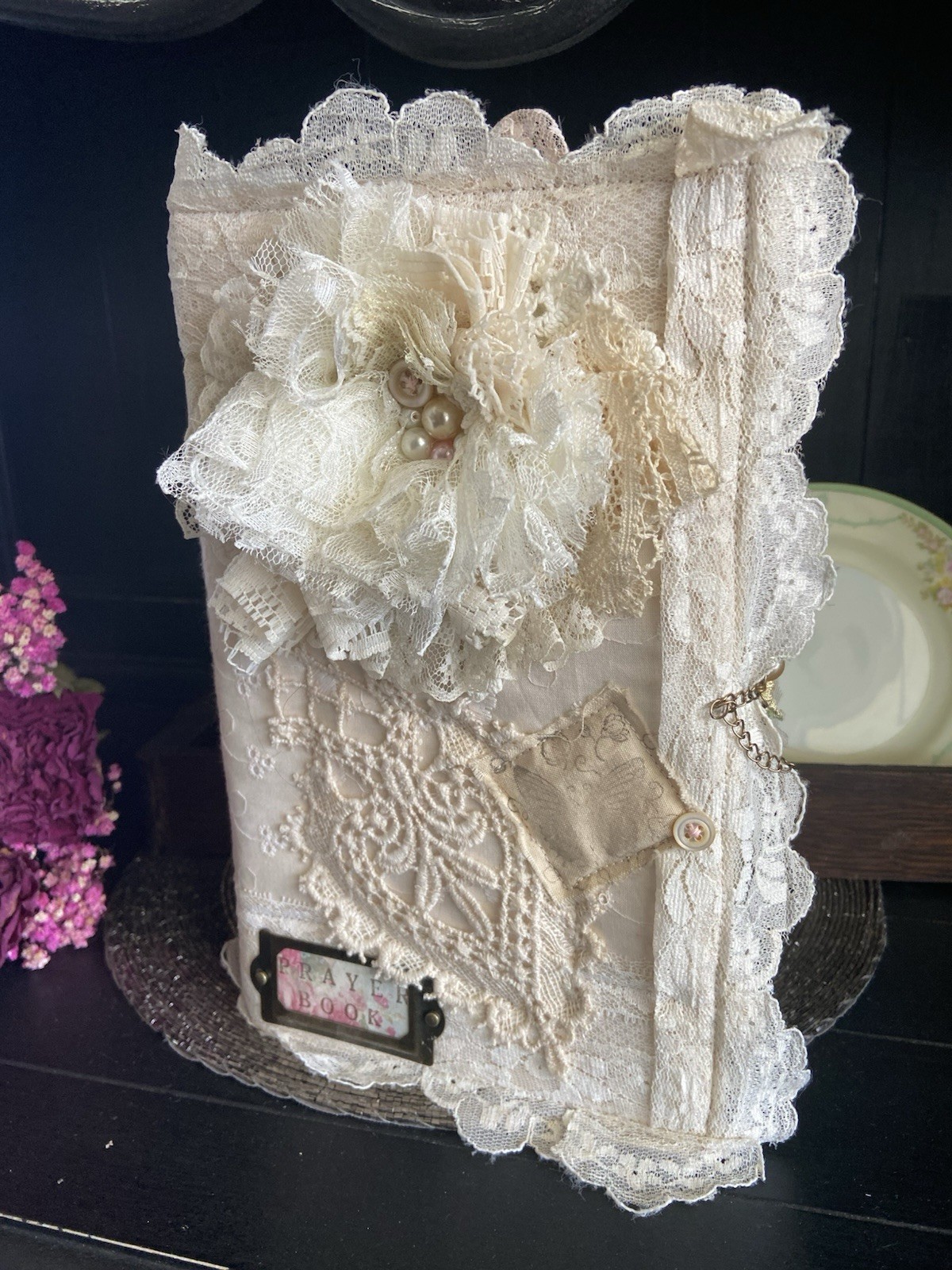 Handmade Lace Prayer book Junk Journal Antique Photo Embellished Chunky/HUGE!!
