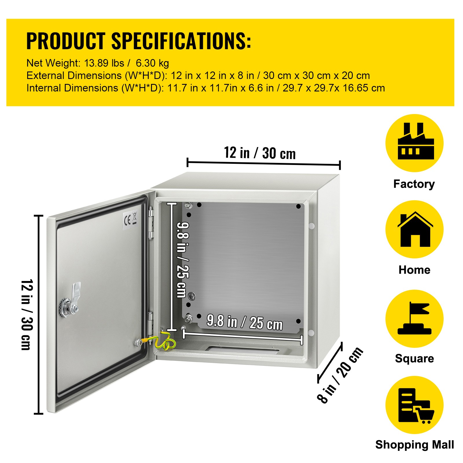 VEVOR Steel Electrical Box Electrical Enclosure Box 12x12x8» Carbon Steel IP65