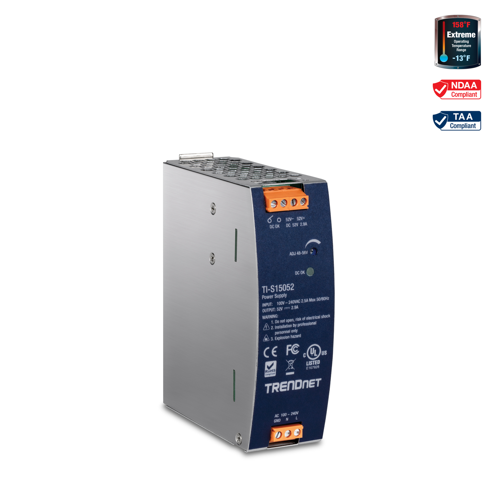 TRENDnet TI-S15052, 150W, 52V DC, 2.89A AC to DC DIN-Rail Power Supply with PFC