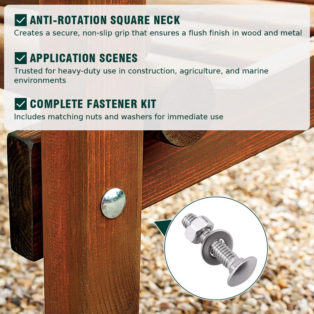 4 Sets 1/213×31/2 Inch Carriage Bolt Kit 304 Stainless Steel Hex Nut