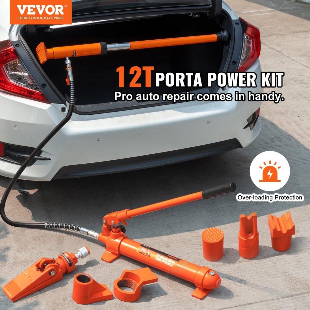 12 Ton Porta Power Kit, Hydraulic Ram with Pump with 4.6 ft/1.4 m Oil Hose