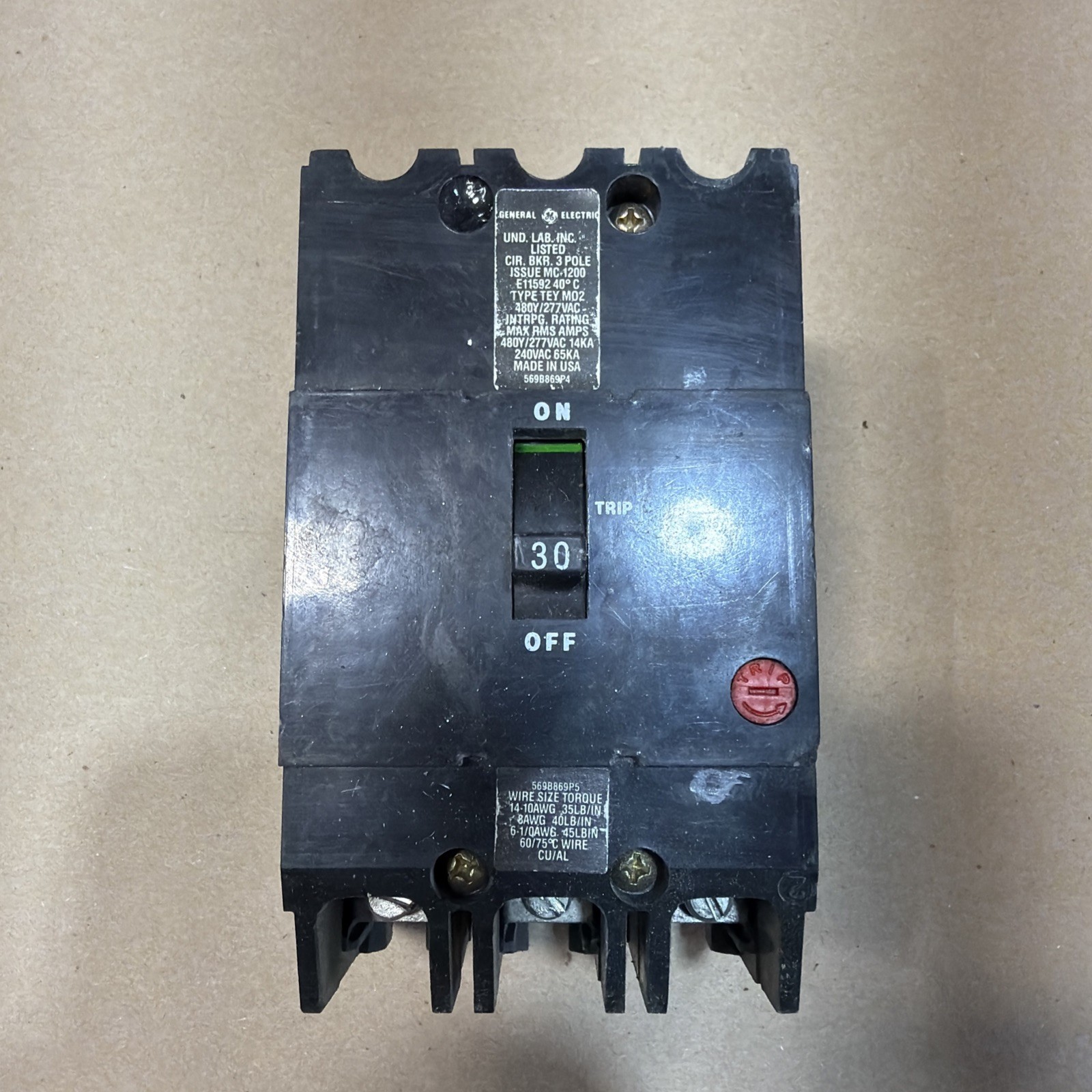 GE TEY330 CIRCUIT BREAKER, 480/277-VOLT, 3-POLE, 30-AMP, BRK / TEY FRAME