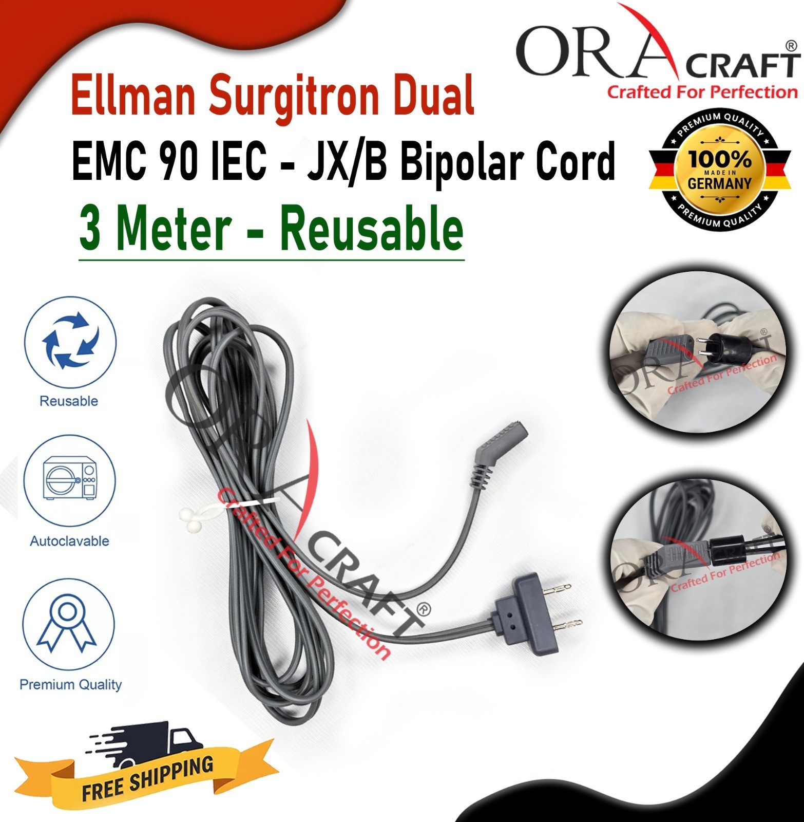 Ellman Surgitron FFPF IEC Bipolar Cord IEC-JX/B Silicon Wire Autoclavable CE/FDA