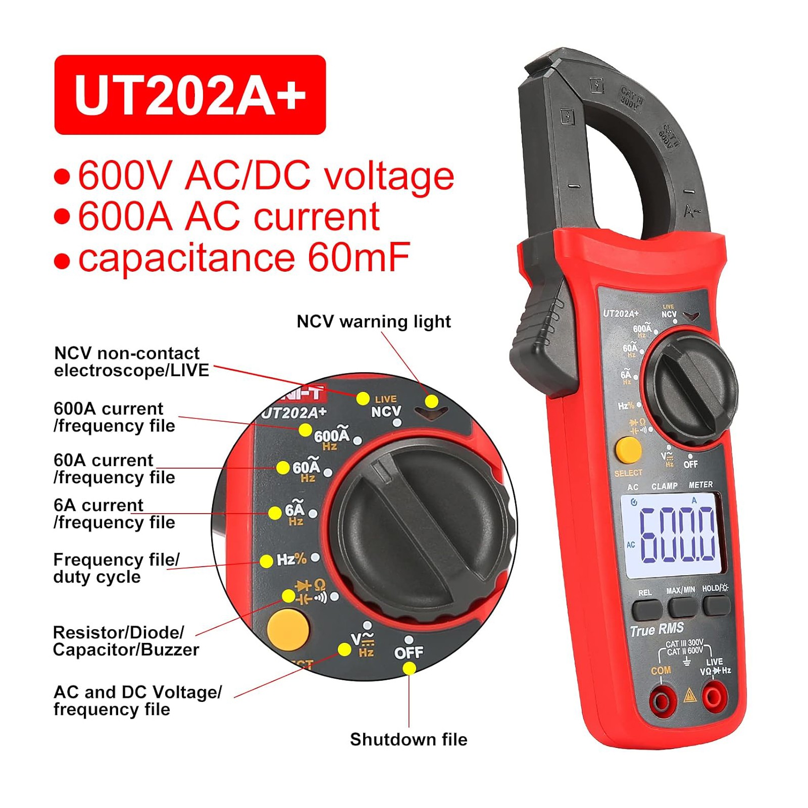 UT202A+ Digital Clamp Meter Multimeter Voltage 600A AC Current Resistance
