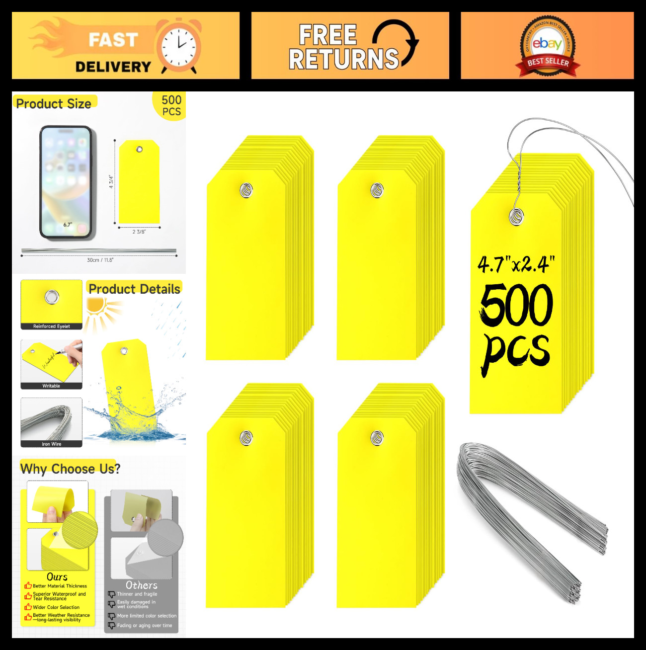 500 Waterproof Plastic Shipping Tags – Heavy Duty Labeling with Wire String, 4.7