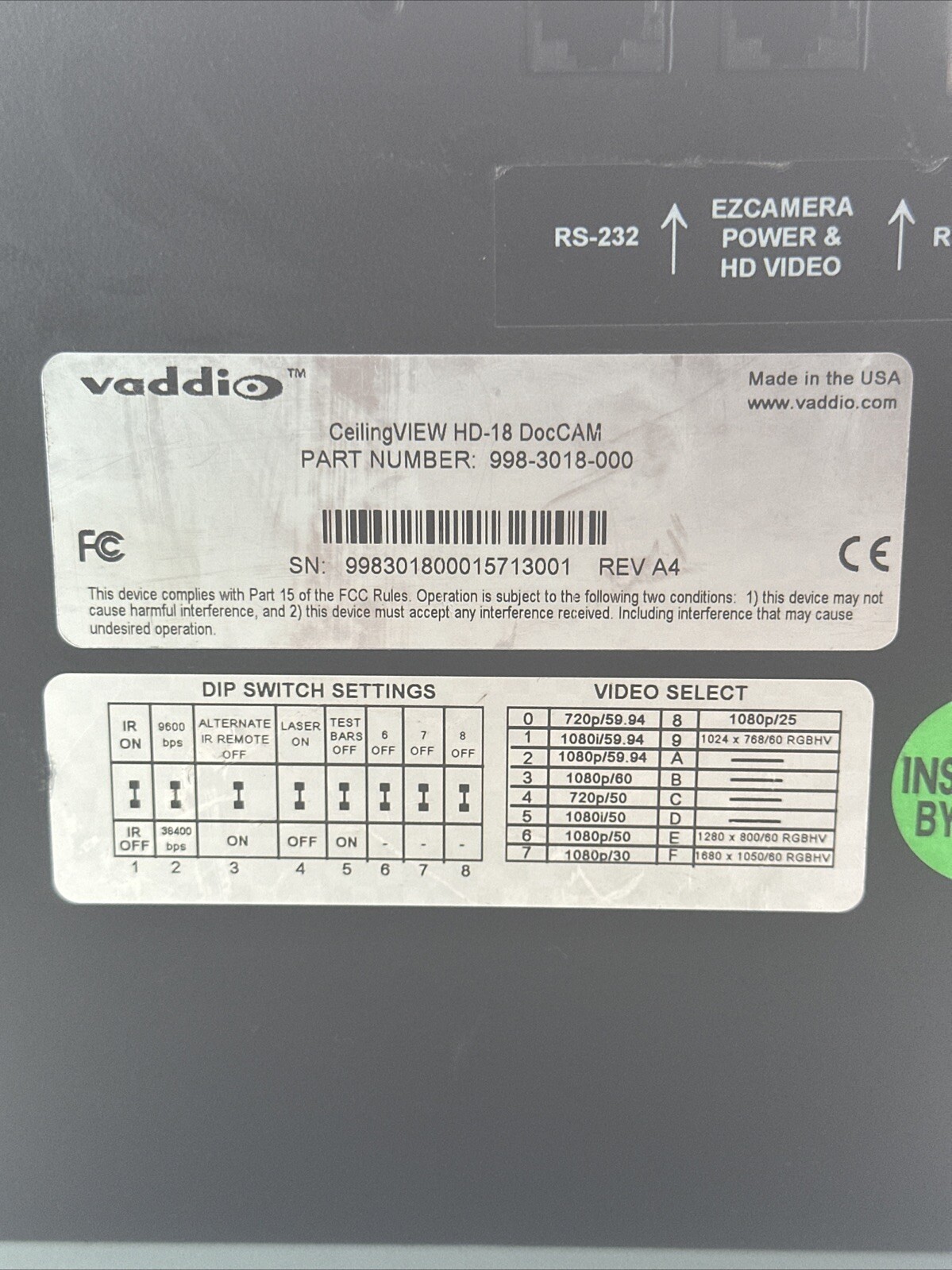 Vaddio CeilingVIEW HD-18 DocCAM 998-3018-000