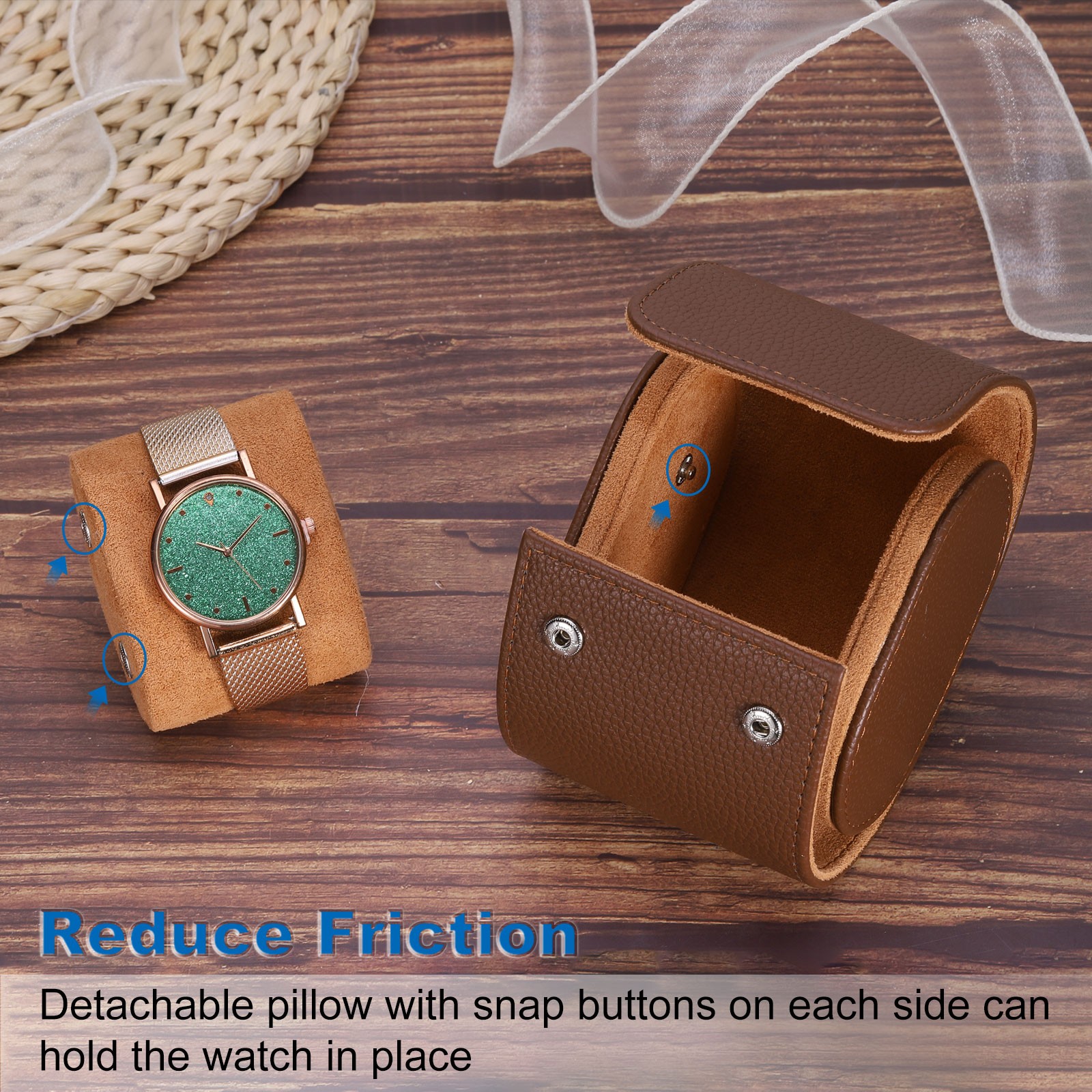 Watch Roll Travel Case Single Slot Portable Leather Watch Cases, Textured Green