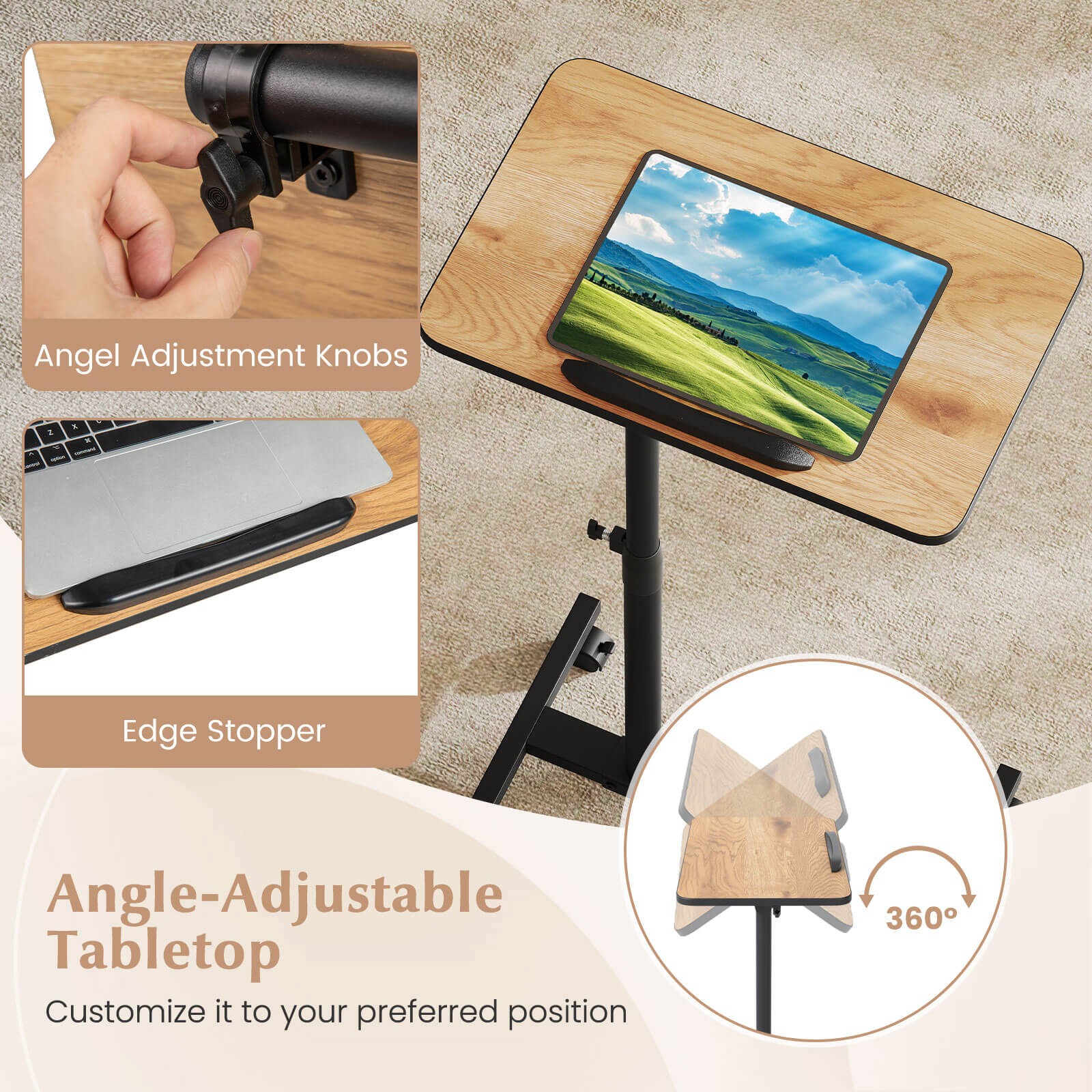 Costway Overbed Rolling Table Over Bed Laptop Food Tray Desk Tilting Top Natural