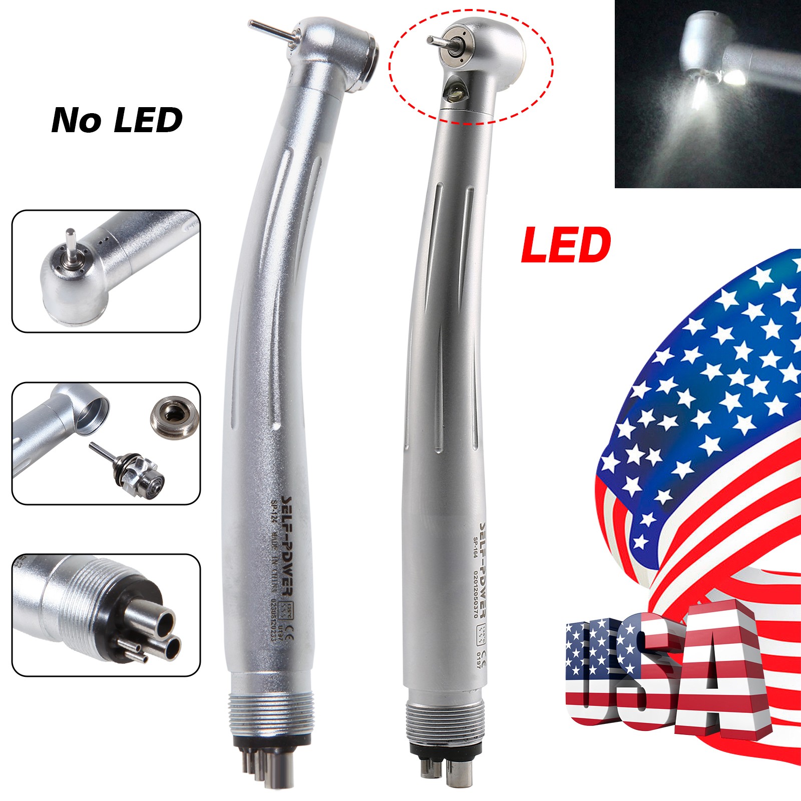 SELF-POWER Dental No-LED / LED E-generator High Speed Handpiece 4Hole Turbine