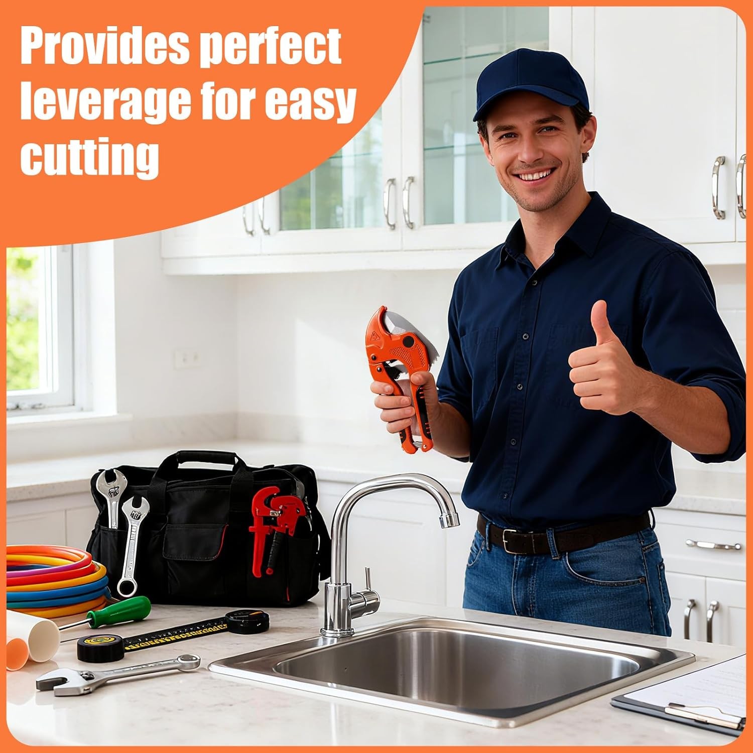 One-Hand PVC PEX Pipe Cutter Ratchet V-Blade SUS420 Cuts to 1-1/4″ for Plumbing