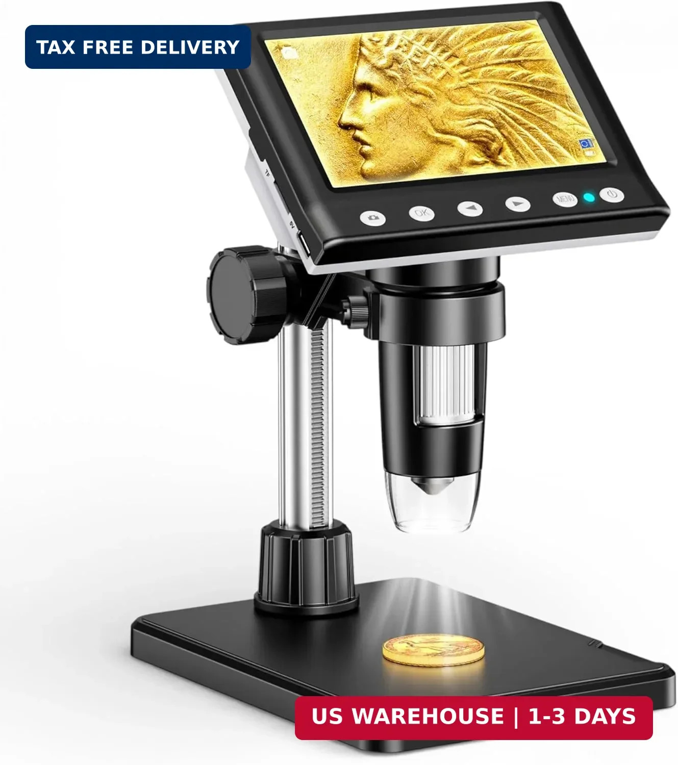 4.3 Inch LCD Digital Coin Microscope, 1000X USB Magnifier with 8 Adjustable LED