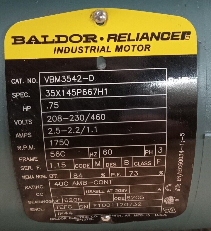 NEW BALDOR 3/4 HP AC BRAKE MOTOR 208-230/460 VAC 3Ø 1750 RPM 56C TEFC VBM3542-D
