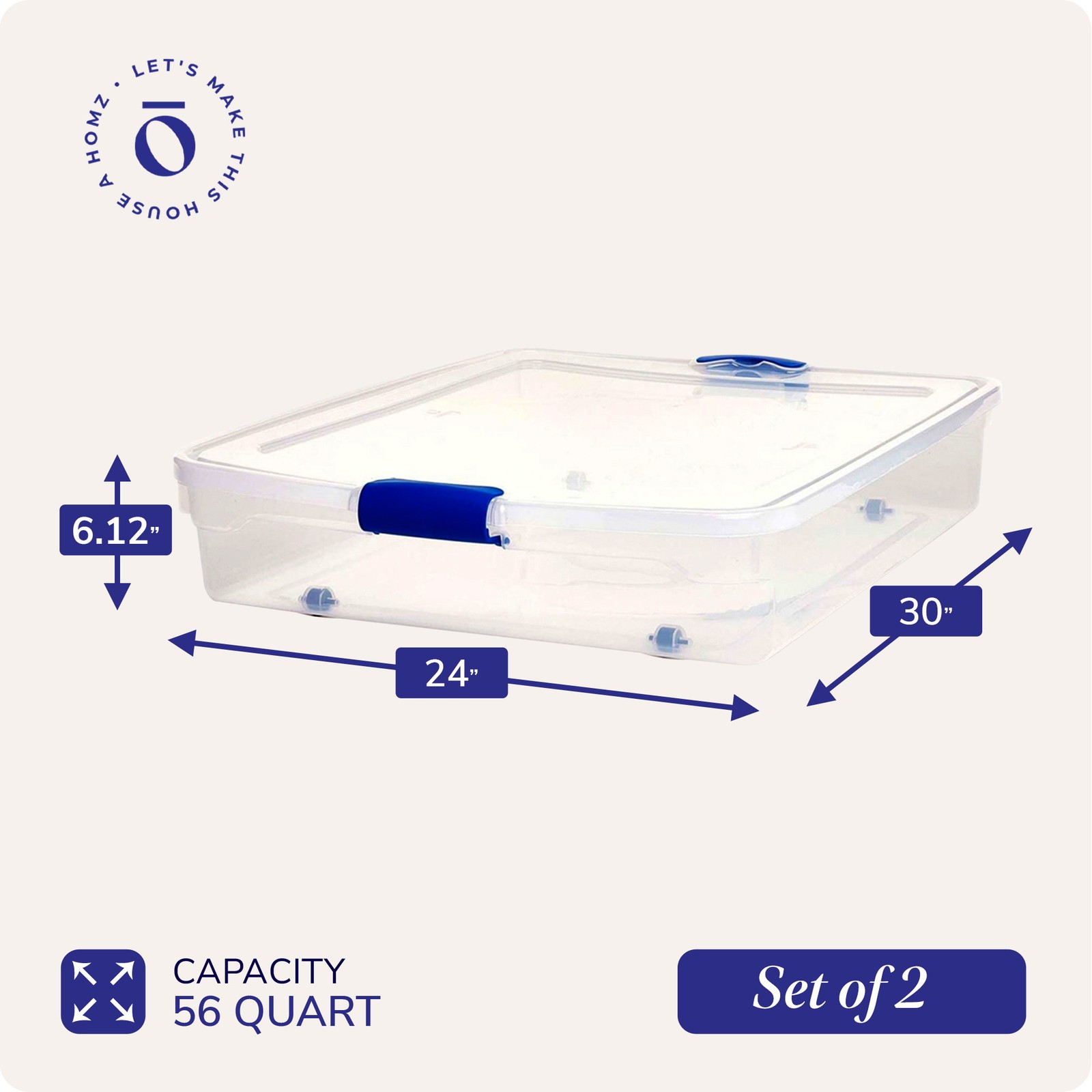 HOMZ 56-Quart Underbed Storage Container with Lid and Wheels, 2 Pack