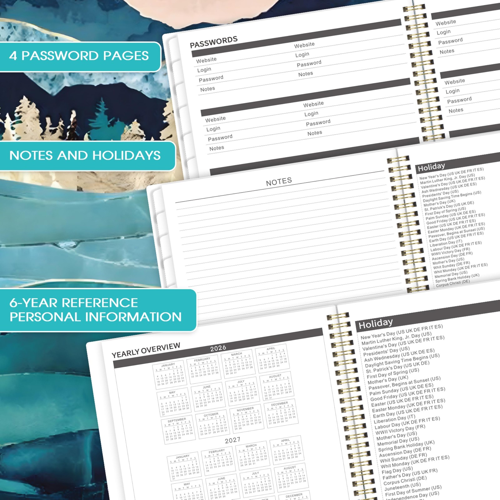 5 Year Monthly Calendar Jan.2026 – Dec.2030, 9″ x 11″ 60 Months with Tabs