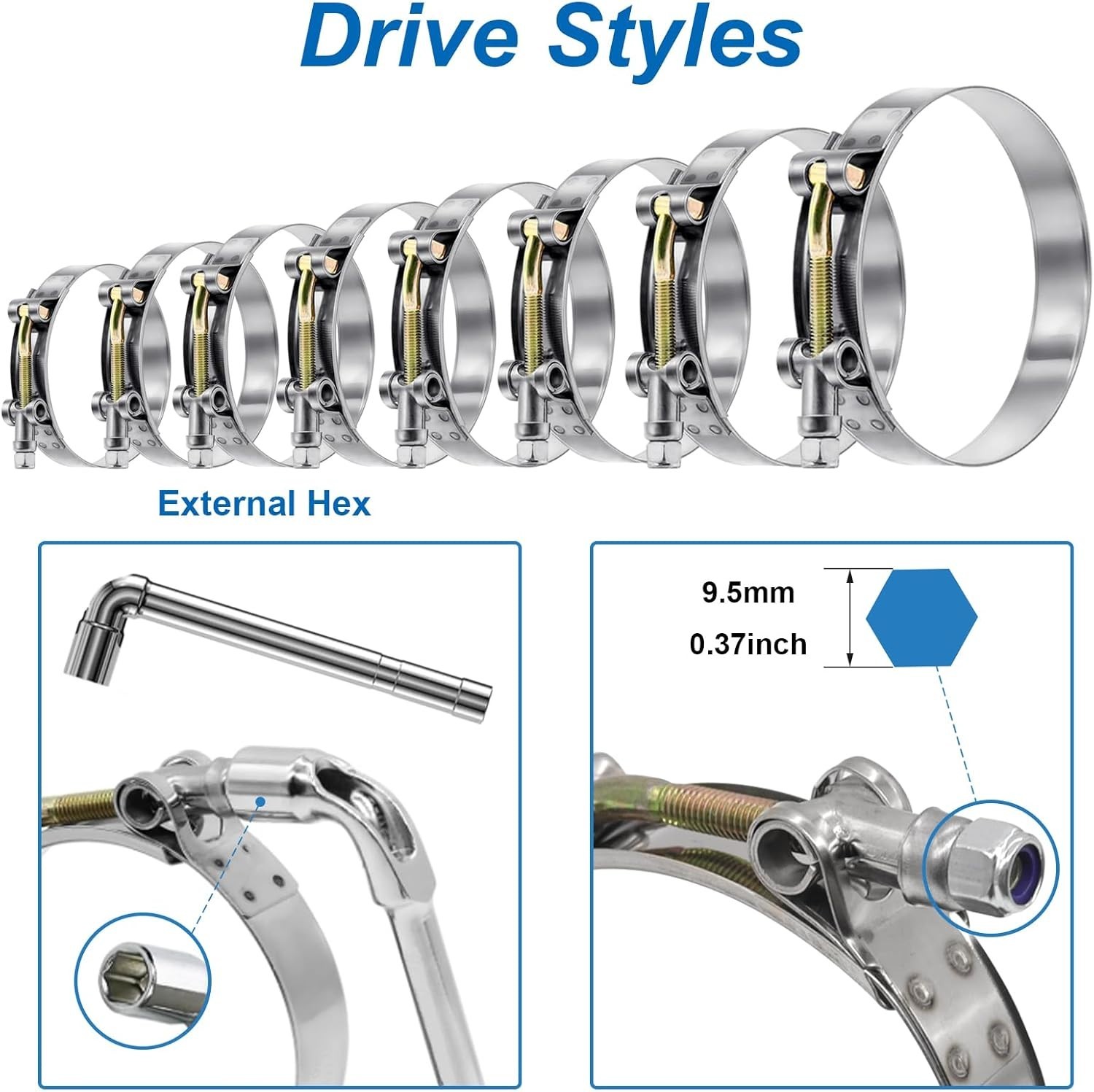 16Pcs 8 Sizes T-Bolt Hose Clamps, 304 Stainless Steel Heavy Duty Hose Clamp Asso