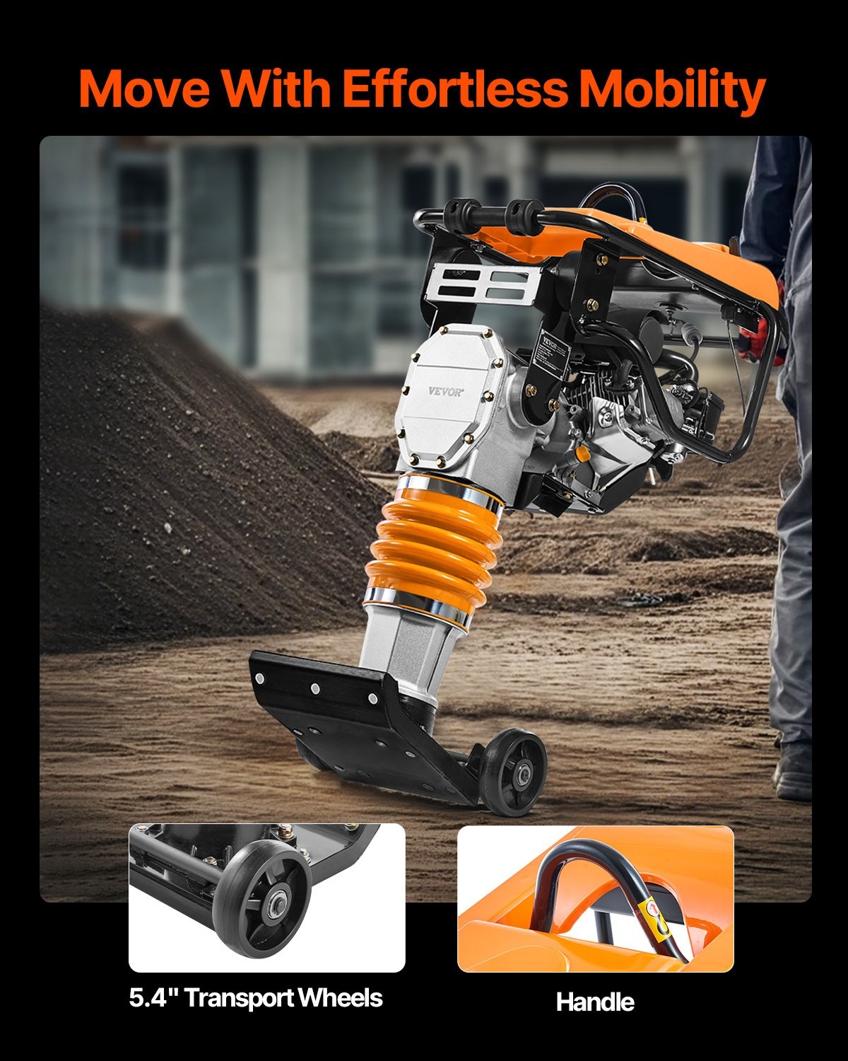 Jumping Jack Compactor, 6.5 HP Vibratory Rammer Fuel-Powered 196 Cc Engine Tampe
