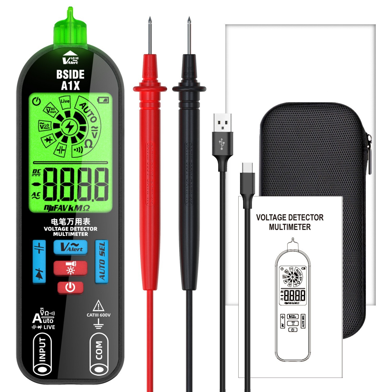 Multimeter AC/DC V Ω F Diode NCV Live Neutral Wire Check Flashlight Li-Battery