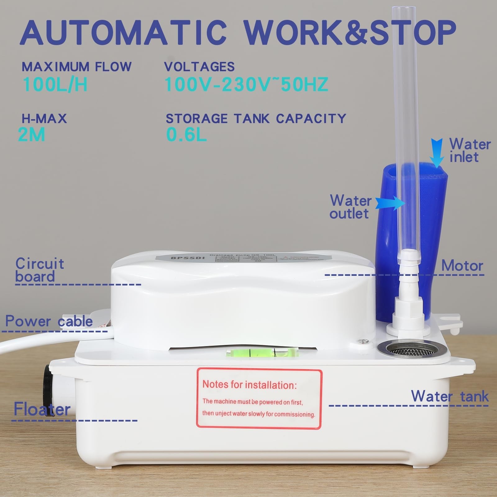 Condensate Pump, 100L/H Flow, 6.6ft/2m Lift, 0.63 Qt/0.6L Tank, Automatic Swi…