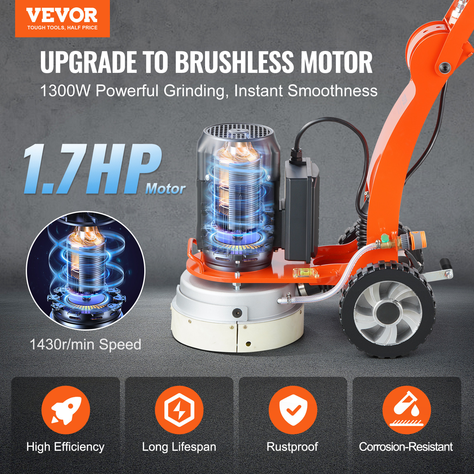 VEVOR Concrete Floor Grinder 10″ Walk-Behind Polisher 1.7HP Adjustable Machine