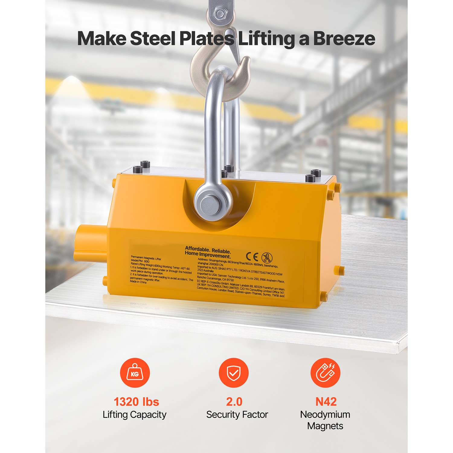 Uimoso Permanent Magnetic Lifter with 1320 lbs Load Capacity, N42 Magnet