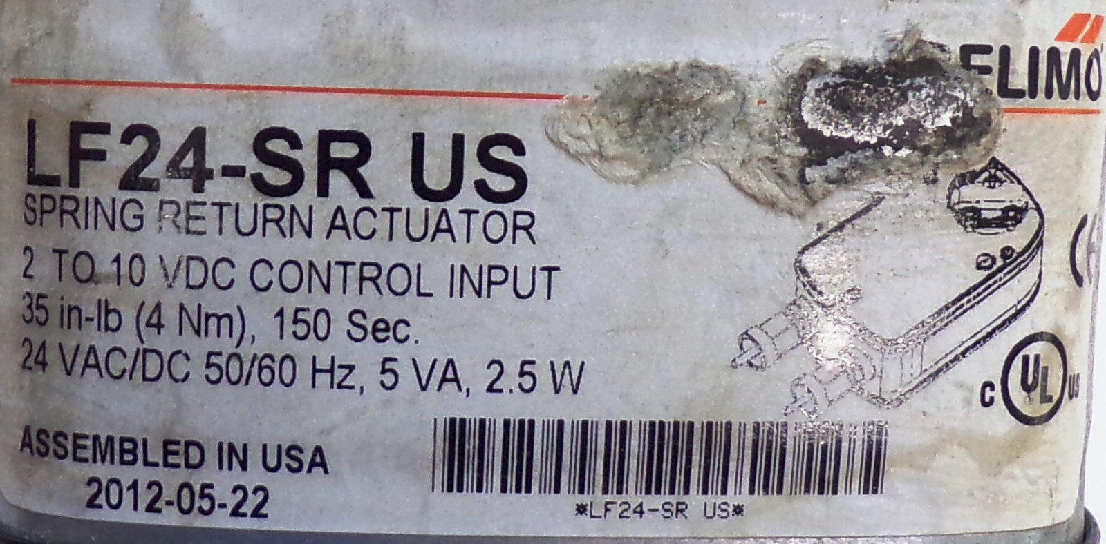 BELIMO SPRING RETURN ACTUATOR LF24-SR, 35IN-LB (4NM), 150S, 24VAC/DC, 50/60HZ