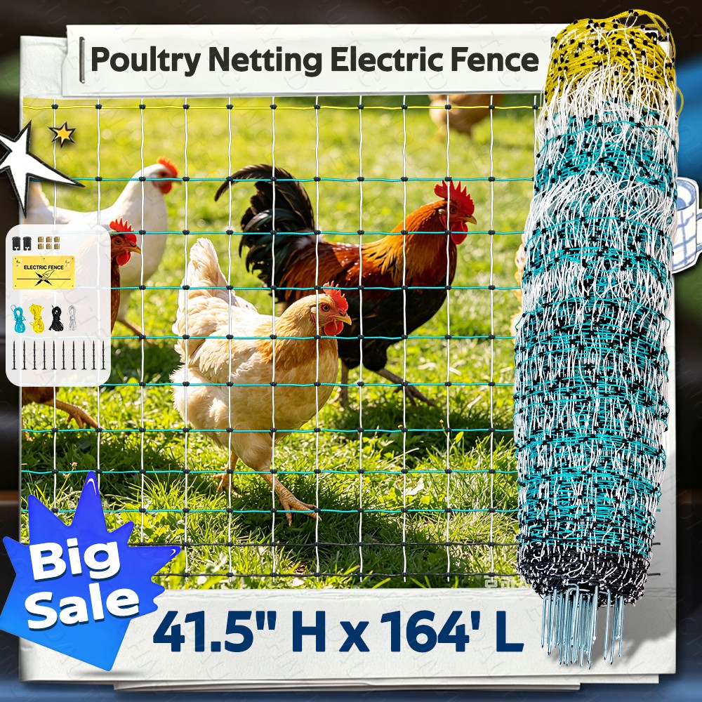 Electric Netting Fence Kit Chickens, Ducks Fencing 41.5″H x 164’L W/Posts Spikes