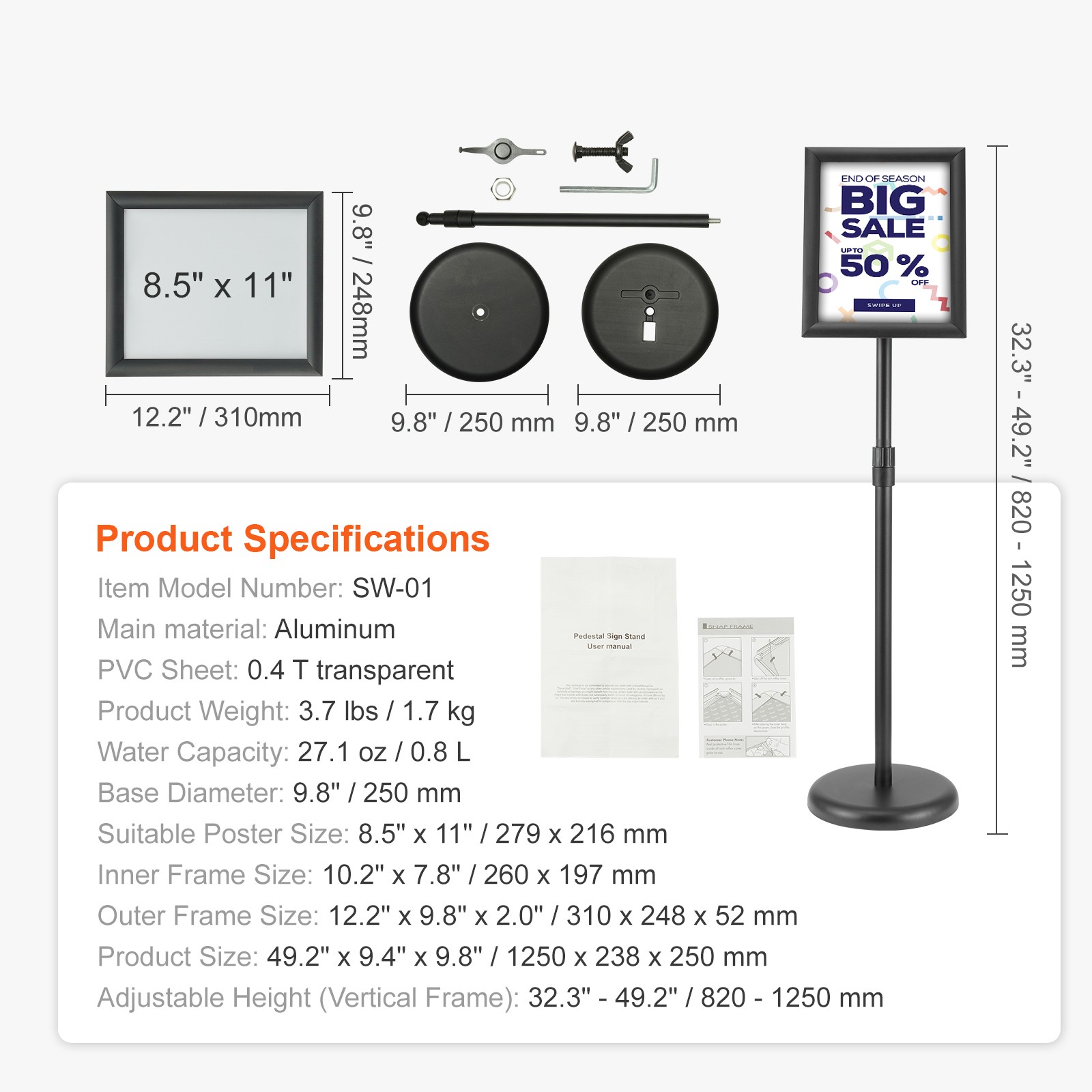 Uimoso Adjustable Pedestal Poster Stand with 8.5 x 11 In Display and Round Base