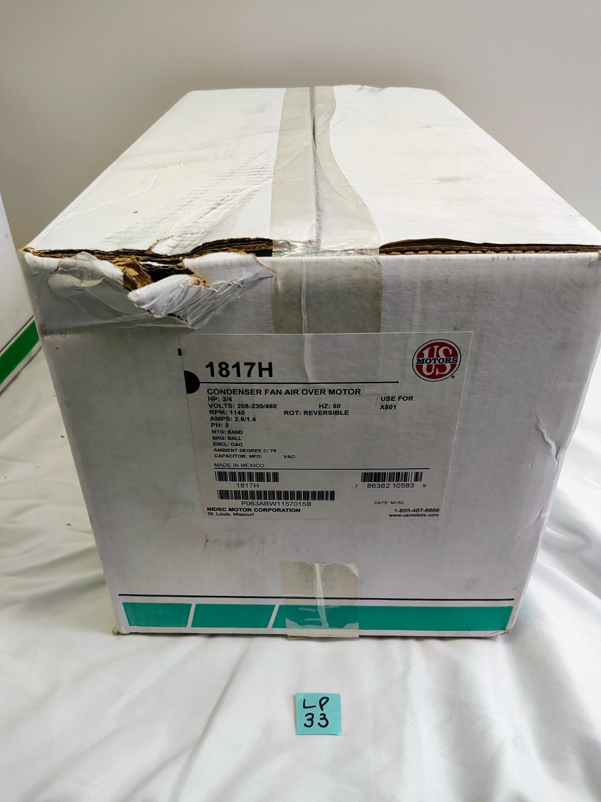 US Motors 1817H Mojave 600W Condenser Motor 60HZ 1140 RPM 3/4 HP 208V-230V/460V