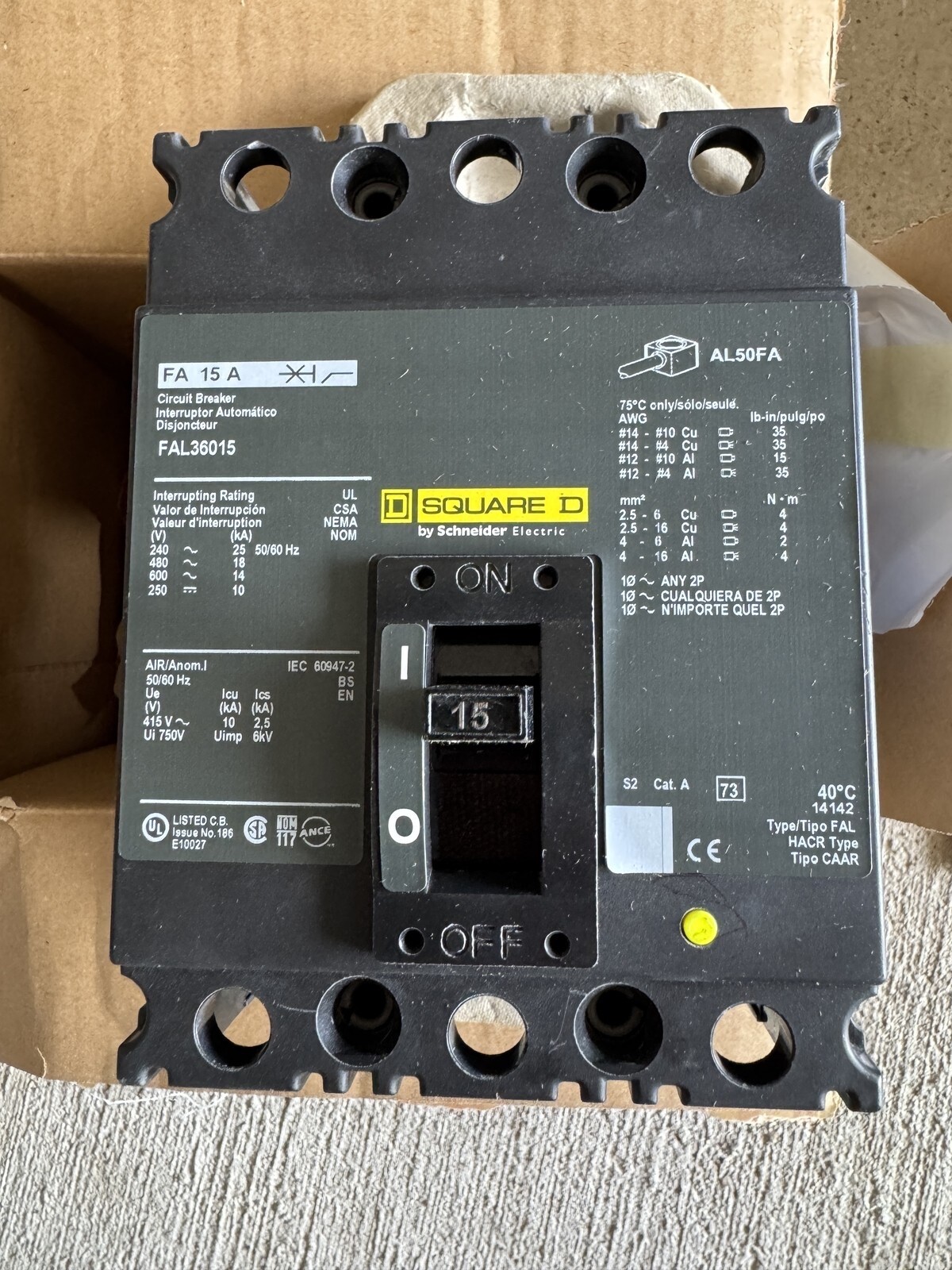 NEW Square D FAL36015 / FAL34015 3p 600v 15a Circuit Breaker NEW IN BOX