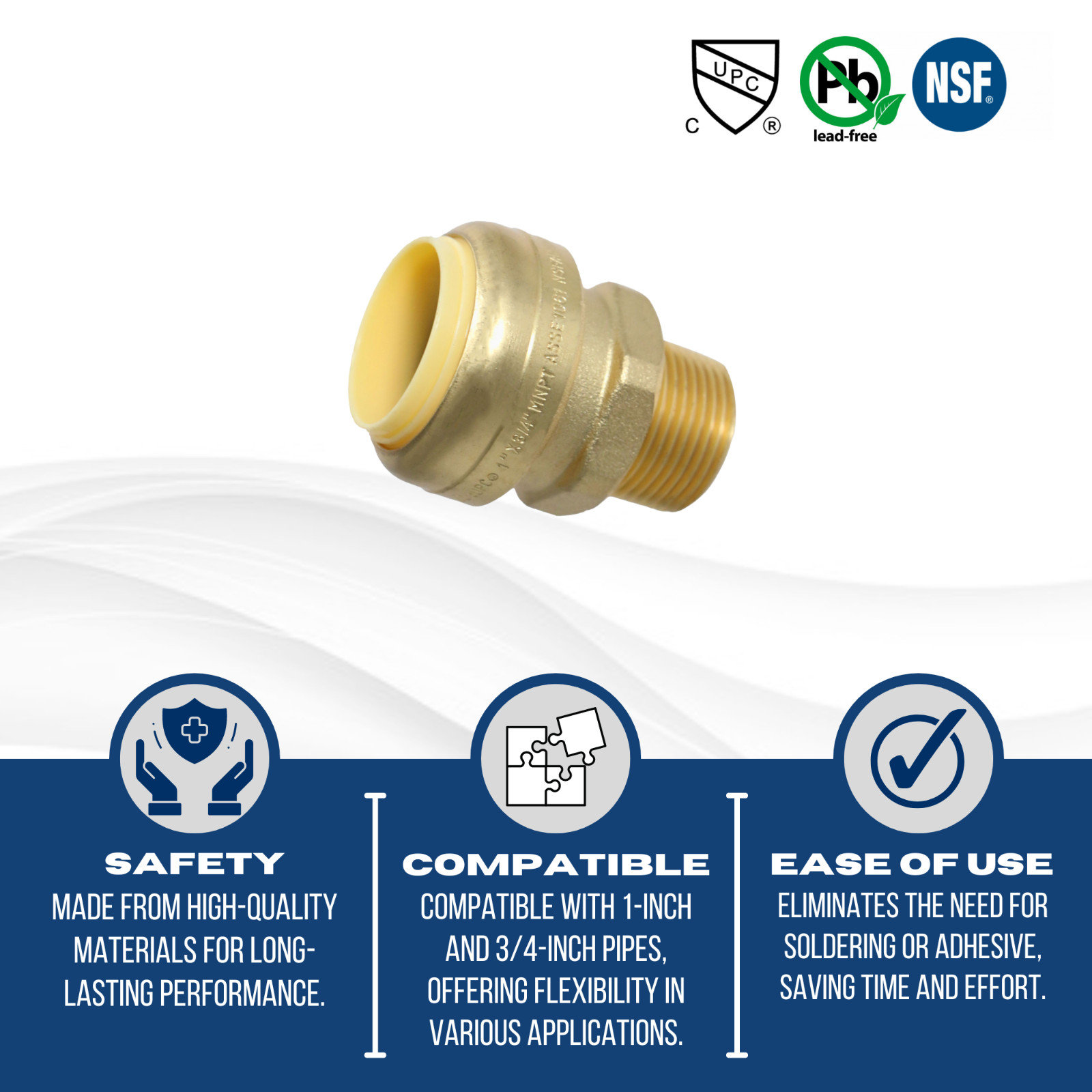 10 PIECES 1″ PUSH FIT X 3/4″ MALE ADAPTER MNPT, LEAD FREE BRASS