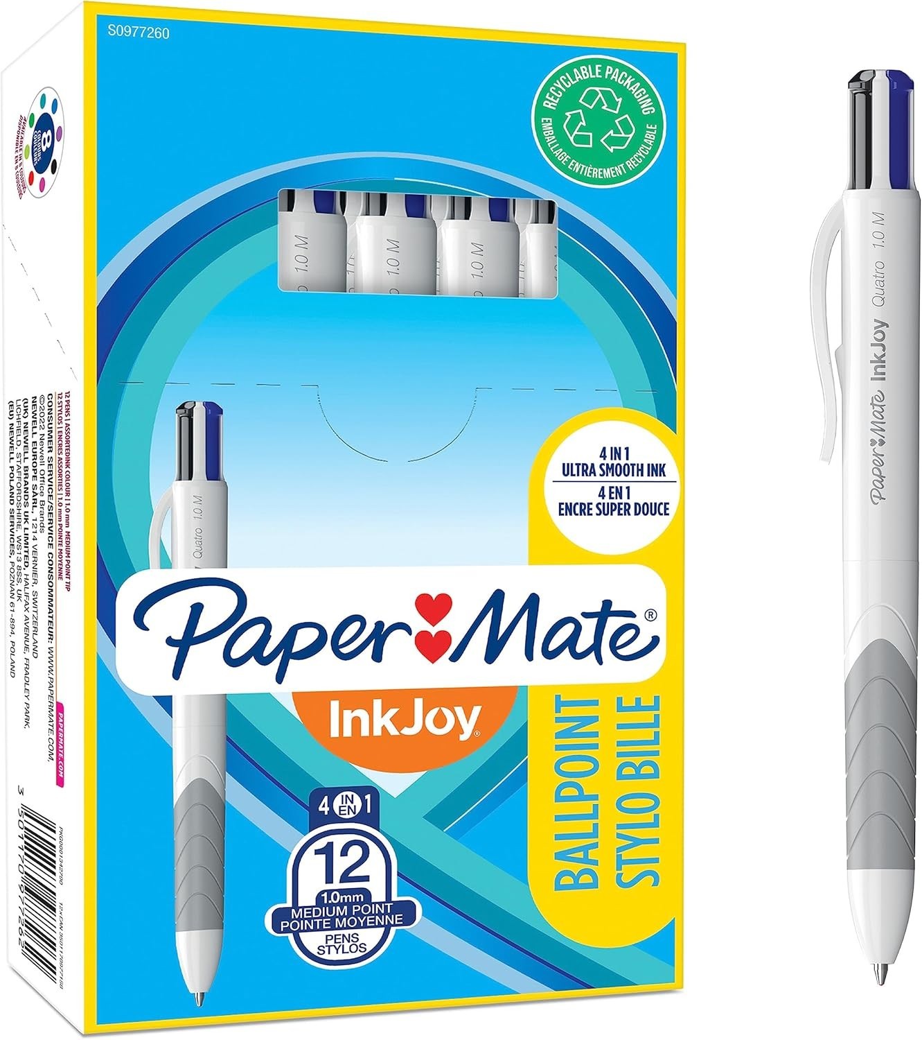 Paper Mate Inkjoy Quatro Retractable Ballpoint Pens, 4 Colors in 1 Pen, 12 piece