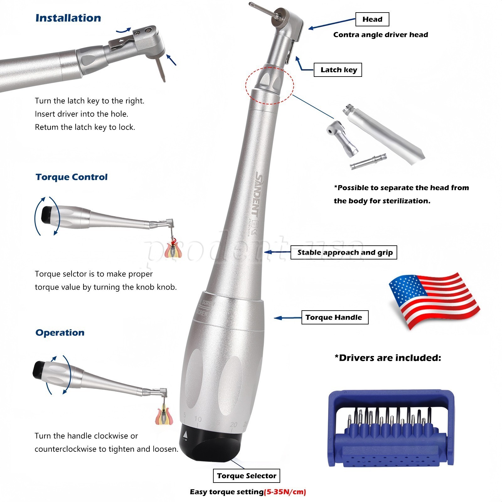 Dental Universal Implant Kit Torque Wrench Contra Angle Handpiece & 16 Drivers