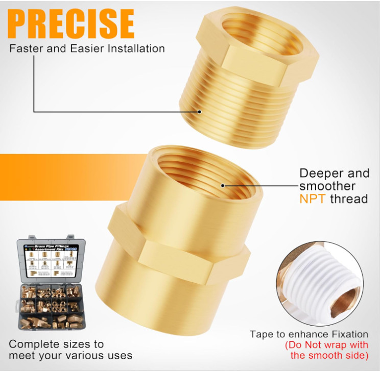 98PCS Brass Pipe Fittings Assortment Kit NPT Adapter,Reducer Bushing, Hex Nipple