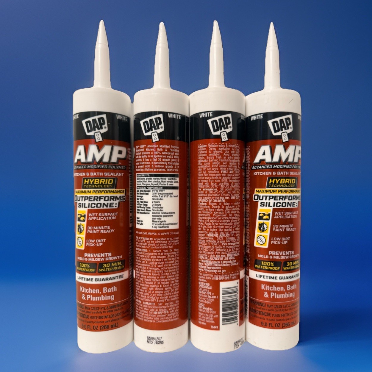 Lot Of 4 DAP AMP White Polymer Advanced Hybrid Caulk Sealant Kitchen & Bath 9oz