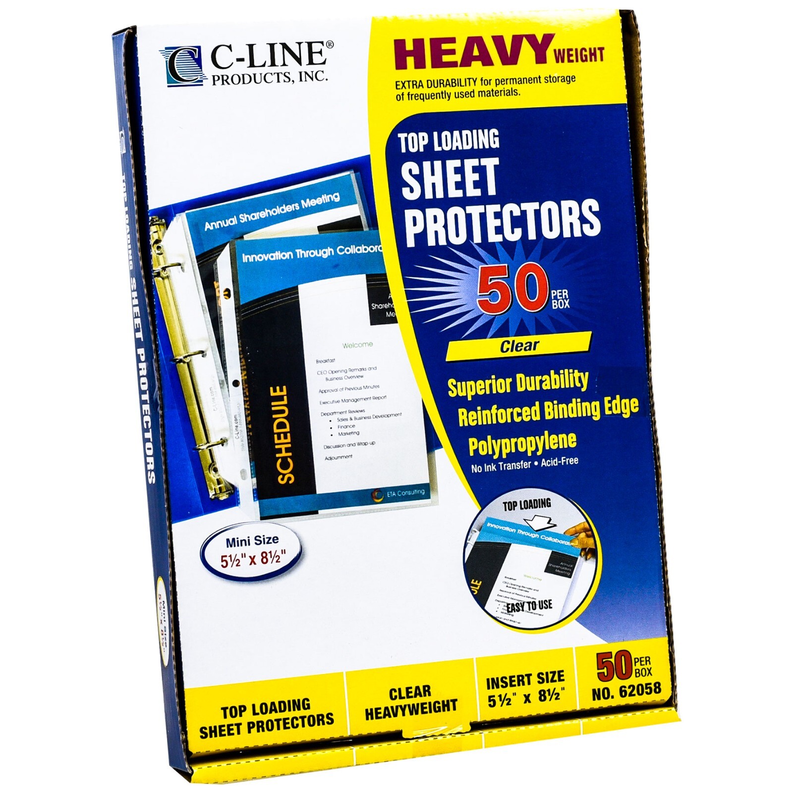 C-Line 62058 Top Loading Sheet Protectors Heavy Weight 5-1/2 x 8-1/2″ Box of 50