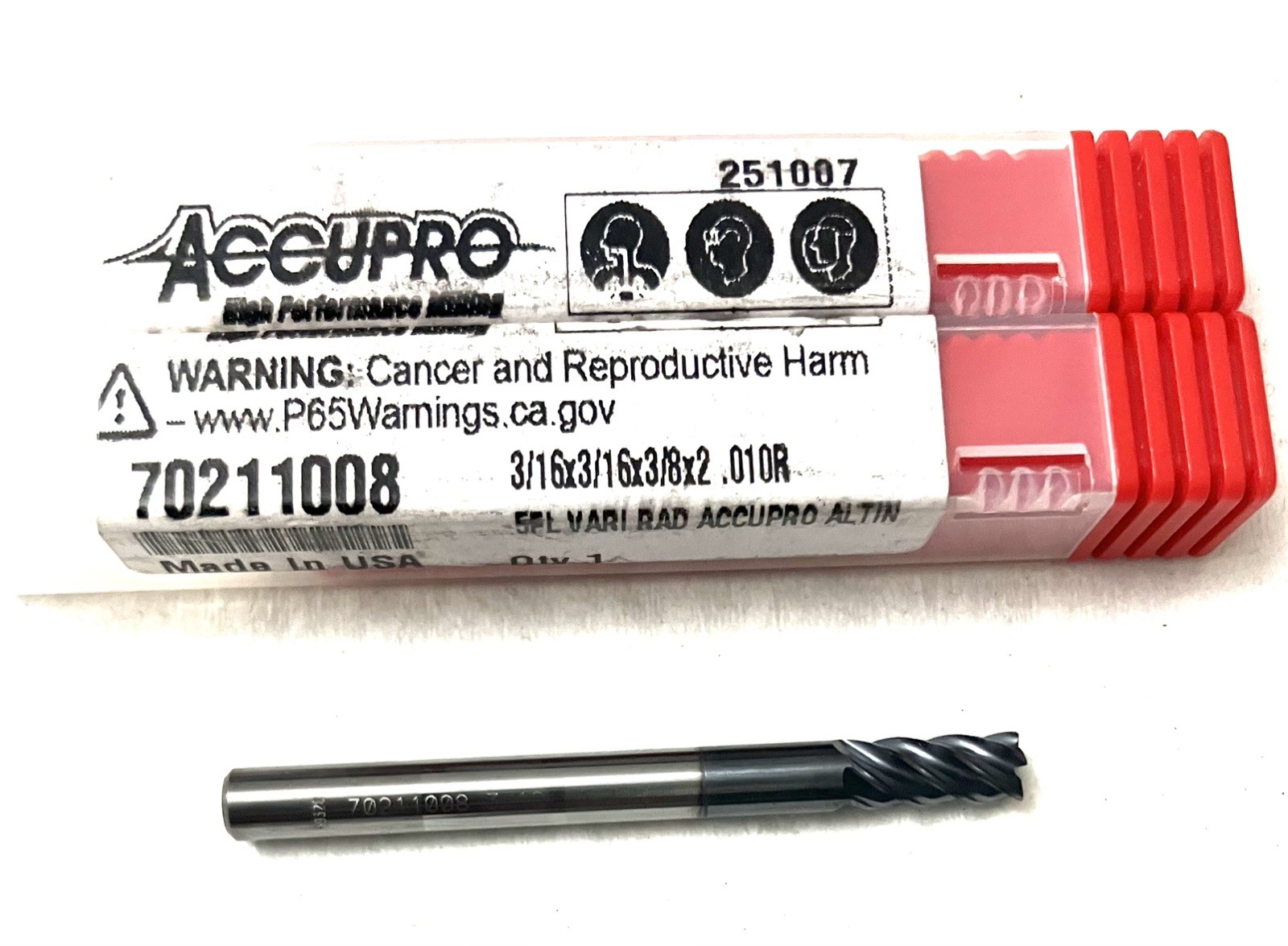 Accupro 70211008 3/16″ 5FL Corner Radius End Mill .015R Solid Carbide AlTiN NEW