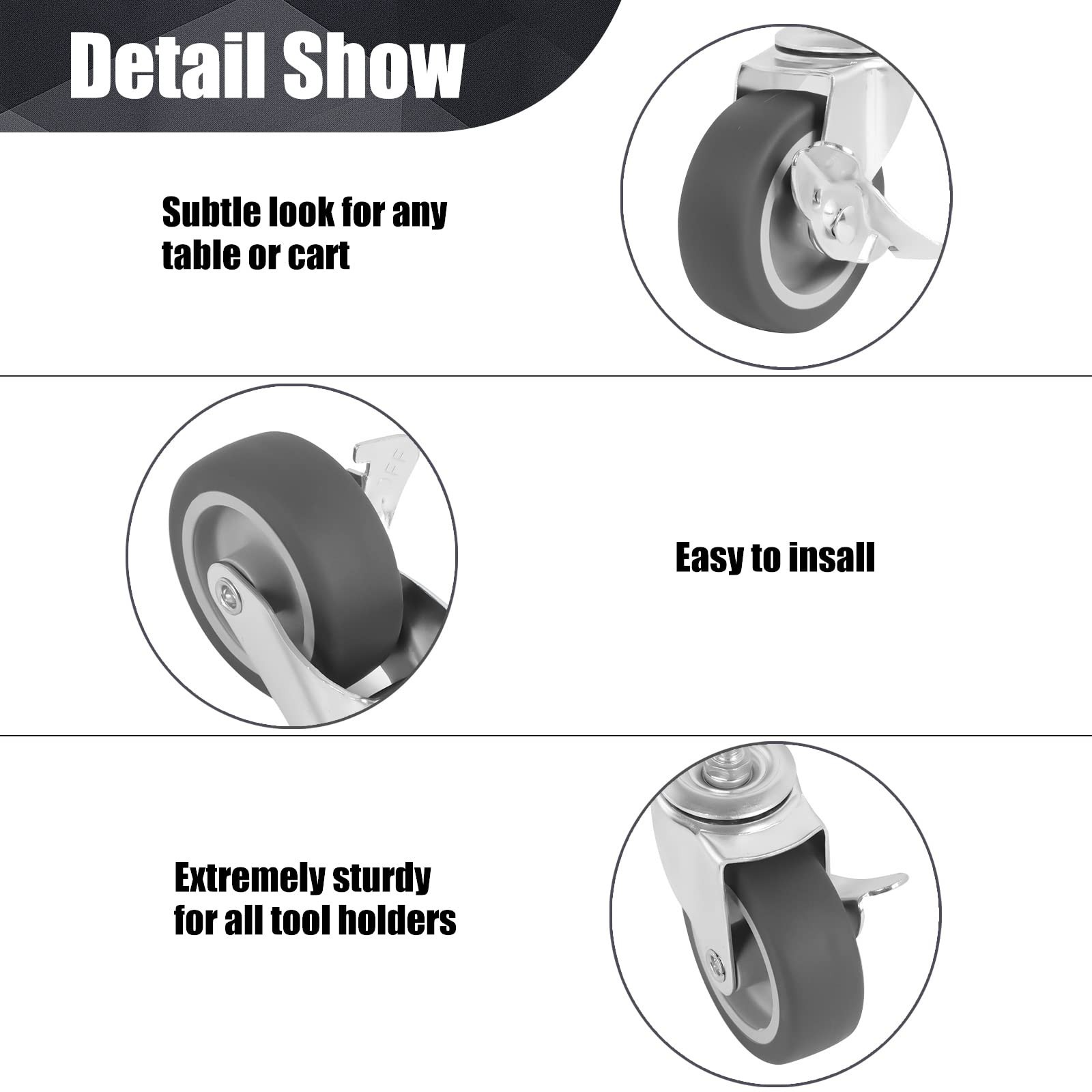 Heavy Duty 3″ Swivel Caster Wheels Set of 4 with Brake, M8-1.25-15 for Trolley &