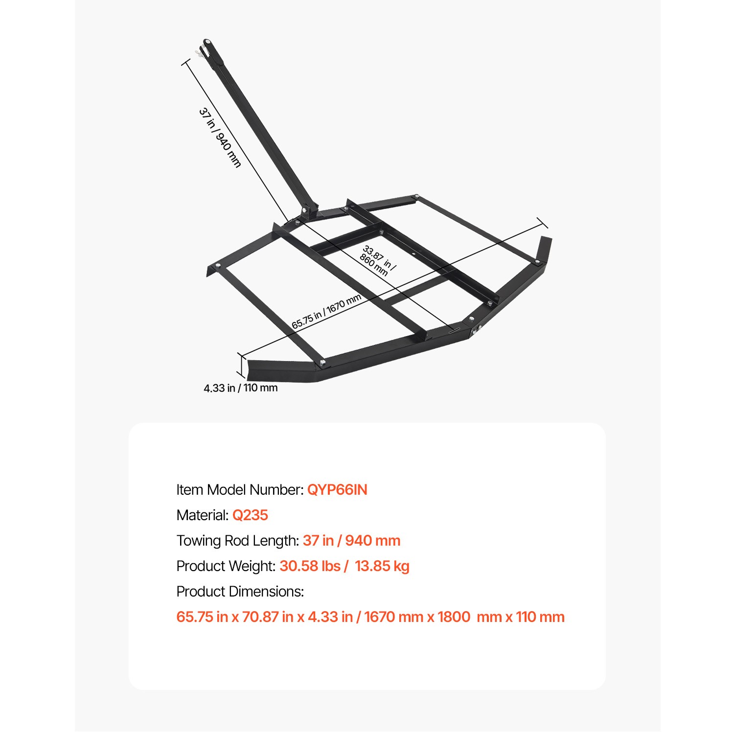 Uimoso Drag Harrow 66″ Width Tow Behind Drag Harrow Steel Gravel Grader ATV UTV