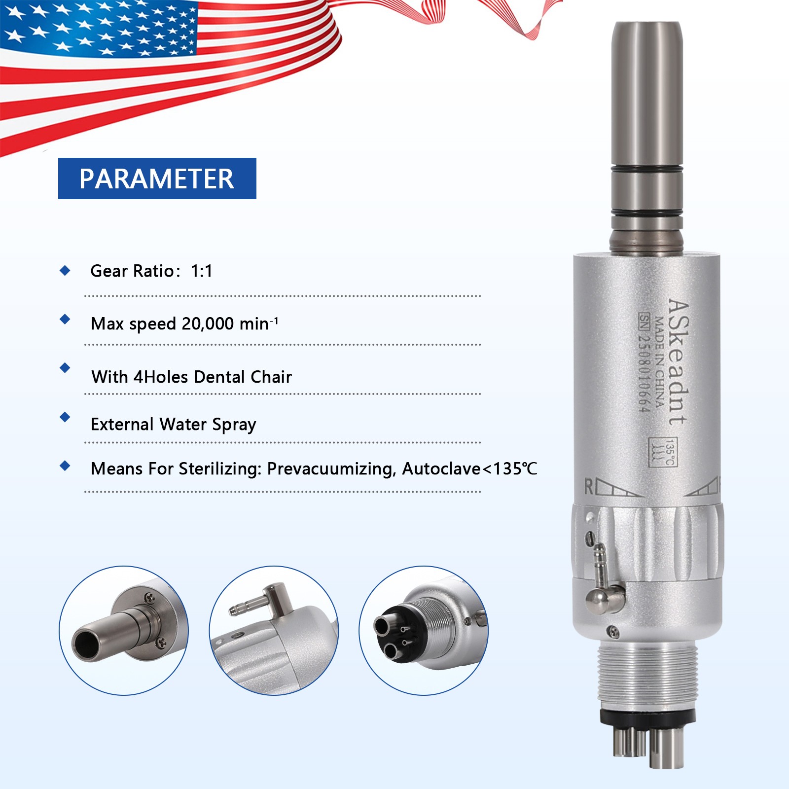 ASkeadnt Dental Slow Low Speed Handpiece Air Motor E-type 4 Holes Connector