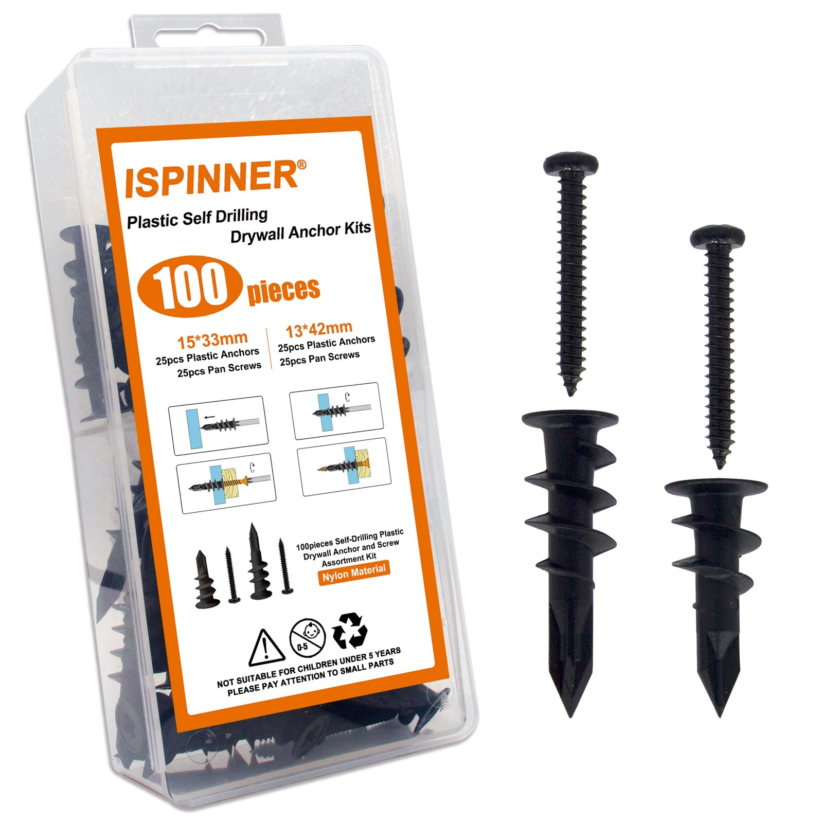 ISPINNER 100pcs #6#8 Self Drilling Plastic Drywall Anchors with #6 #8, Black