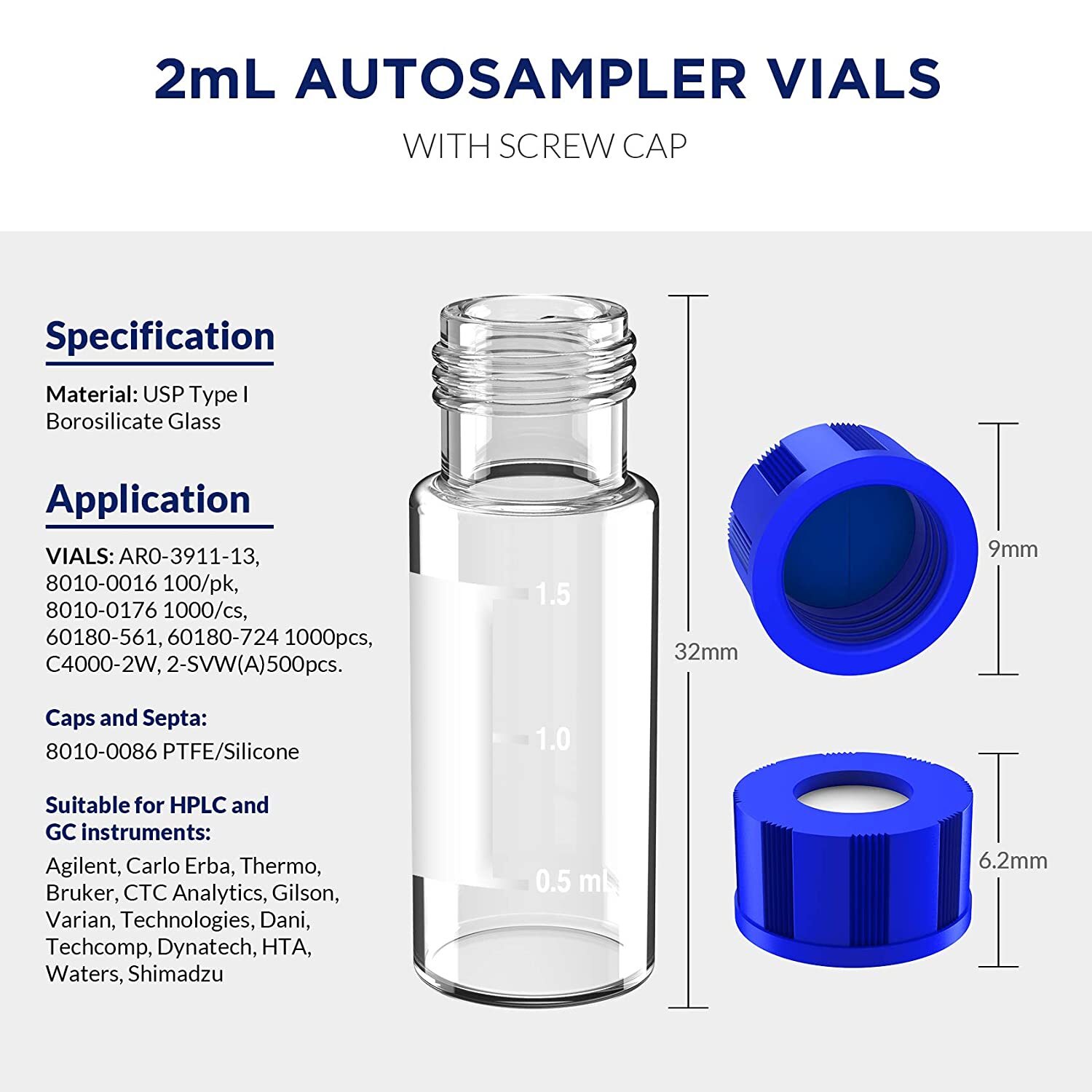 2mL Amber/Clear Autosampler Vials 9-425 Pre-slit Screw Caps Blue PTFE LAB